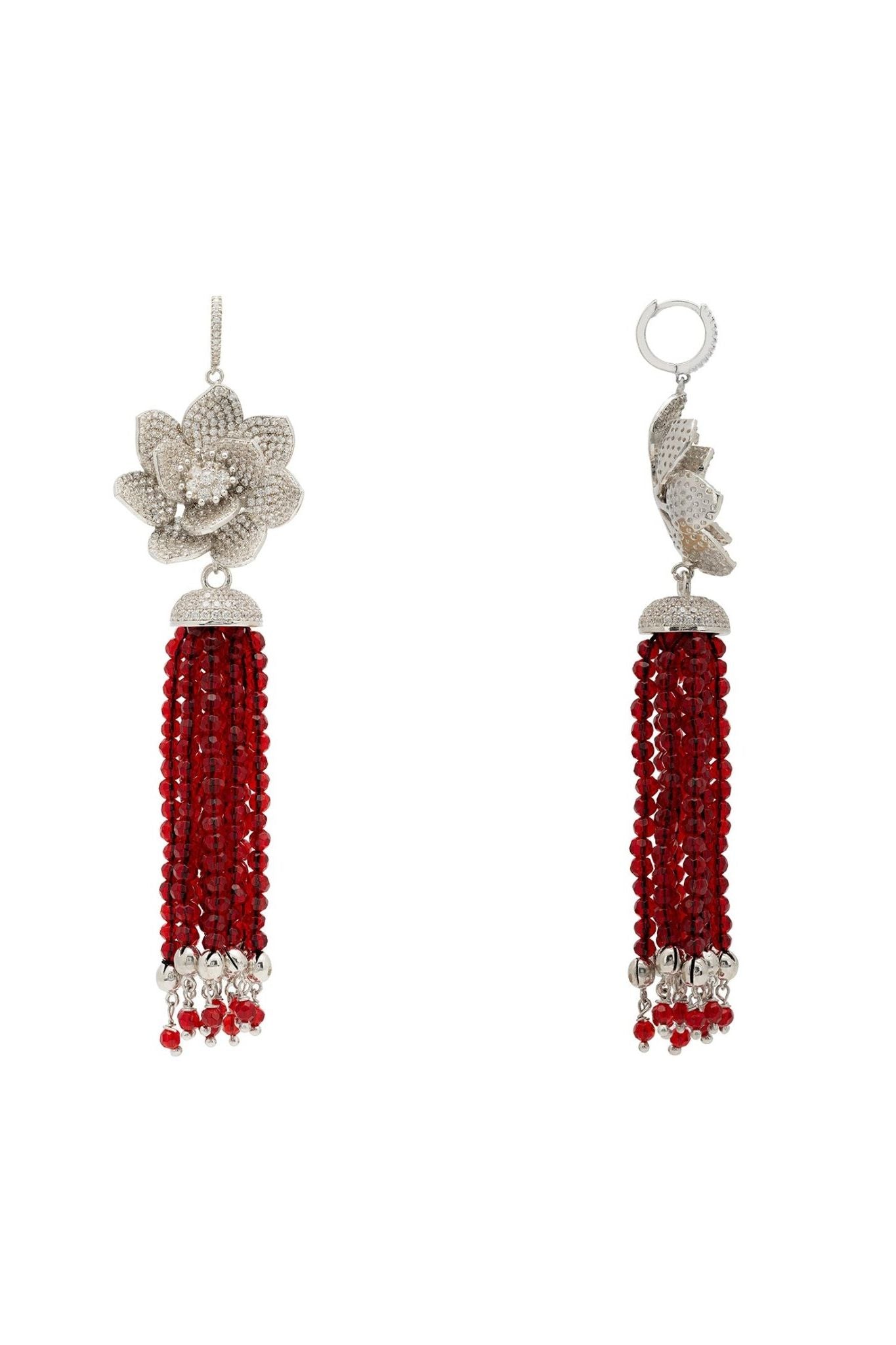 Lotus Flower Tassel Garnet Red Earrings Silver - LATELITA Earrings