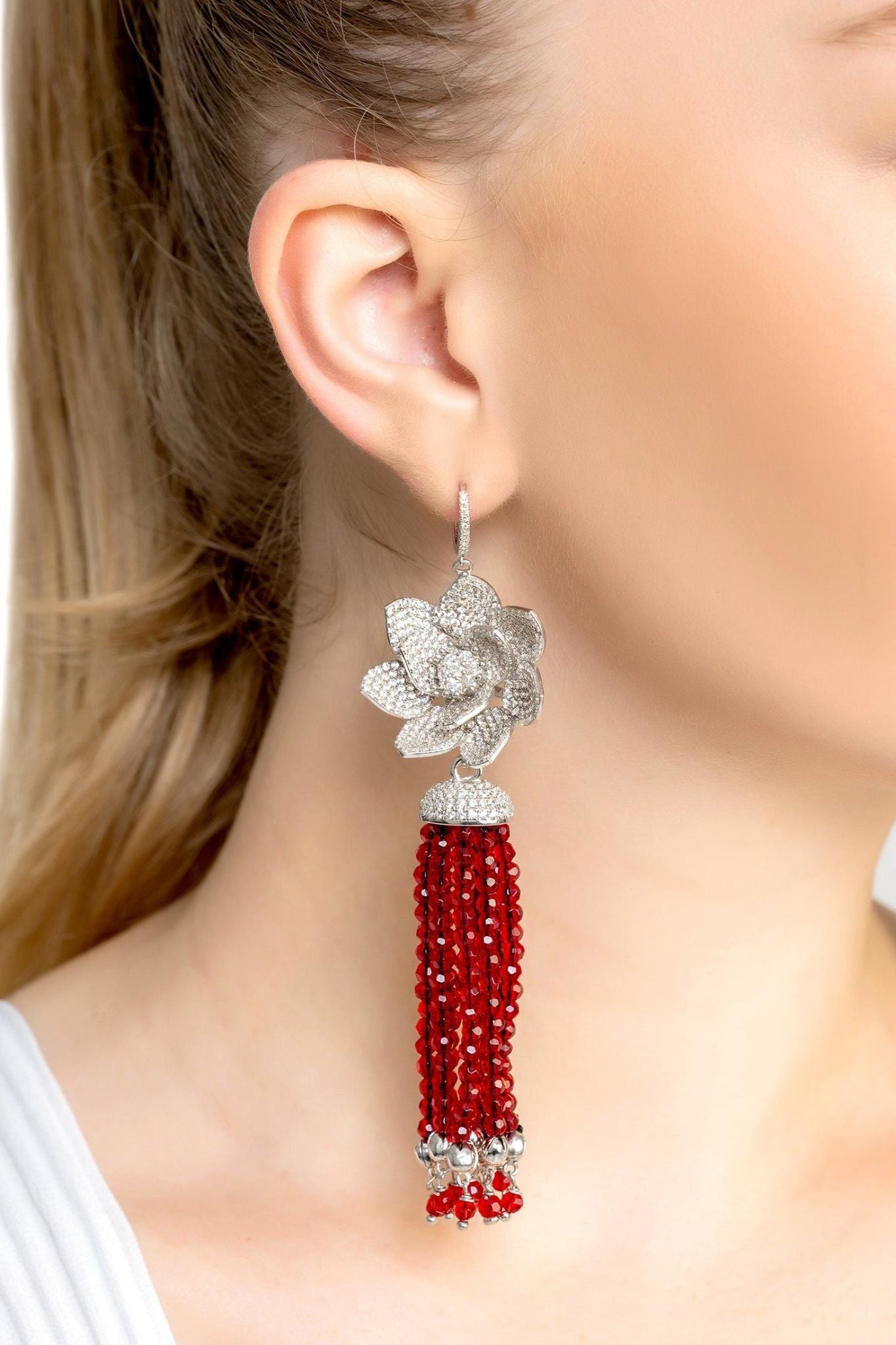 Lotus Flower Tassel Garnet Red Earrings Silver - LATELITA Earrings