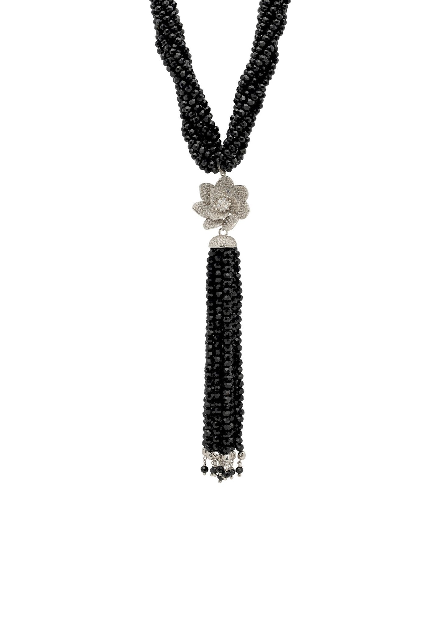 Lotus Flower Tassel Statement Necklace Black Spinel Silver - LATELITA Necklaces