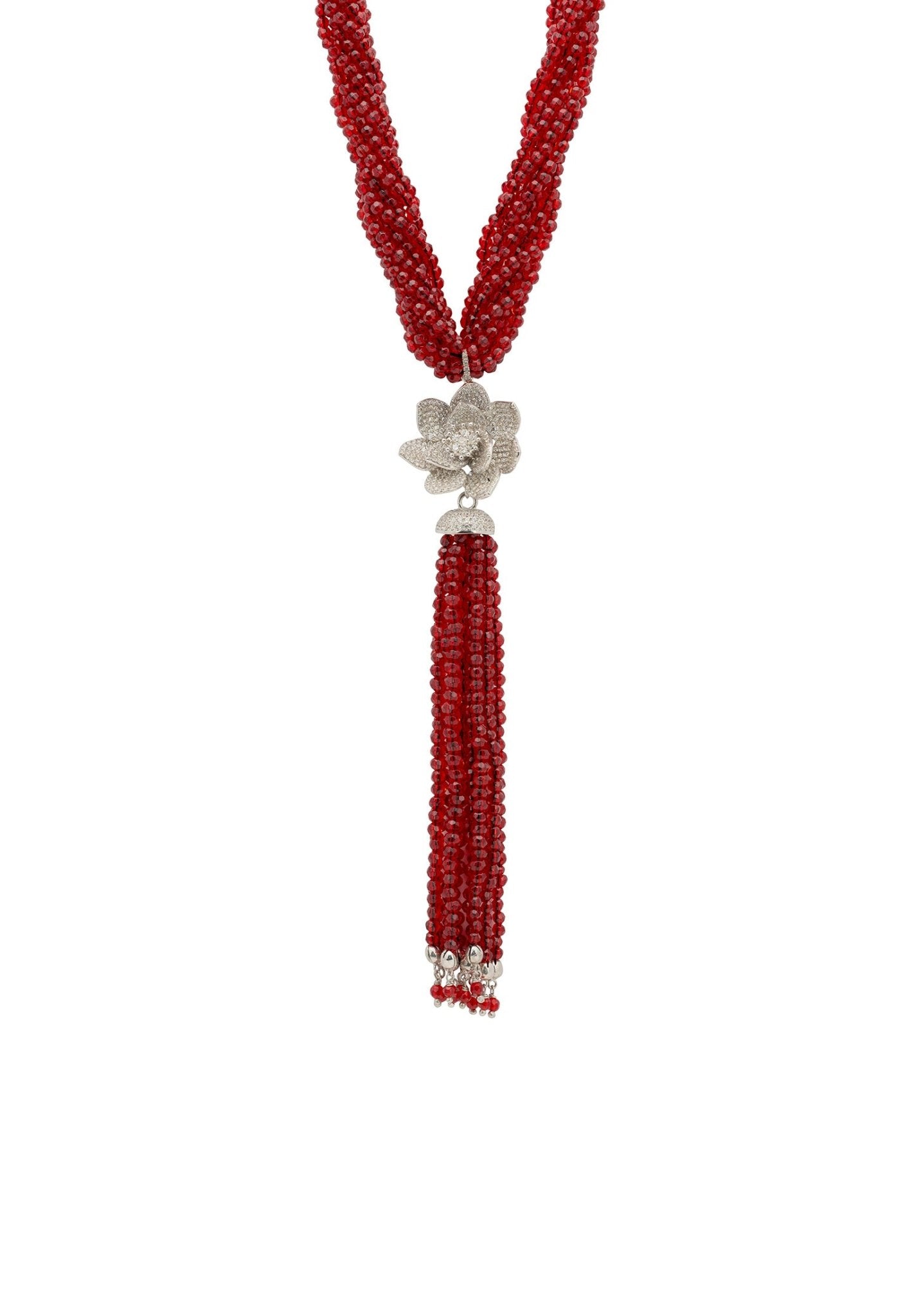 Lotus Flower Tassel Statement Necklace Garnet Red Silver - LATELITA Necklaces