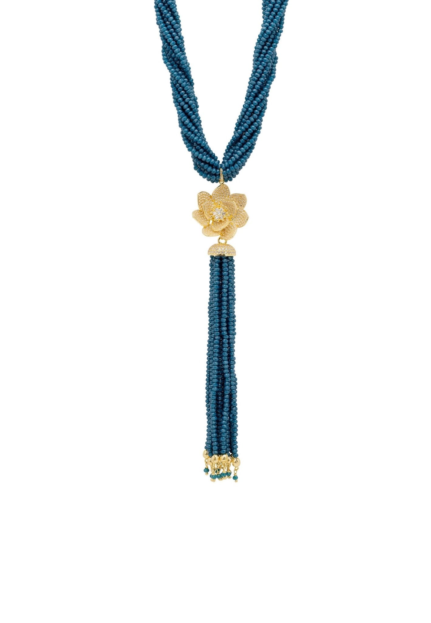 Lotus Flower Tassel Statement Necklace Iolite Blue Gold - LATELITA Necklaces