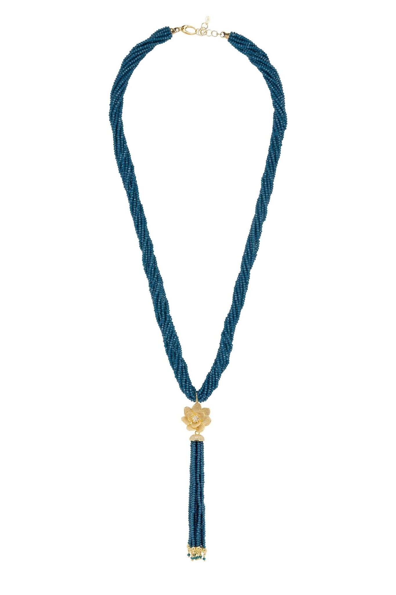 Lotus Flower Tassel Statement Necklace Iolite Blue Gold - LATELITA Necklaces