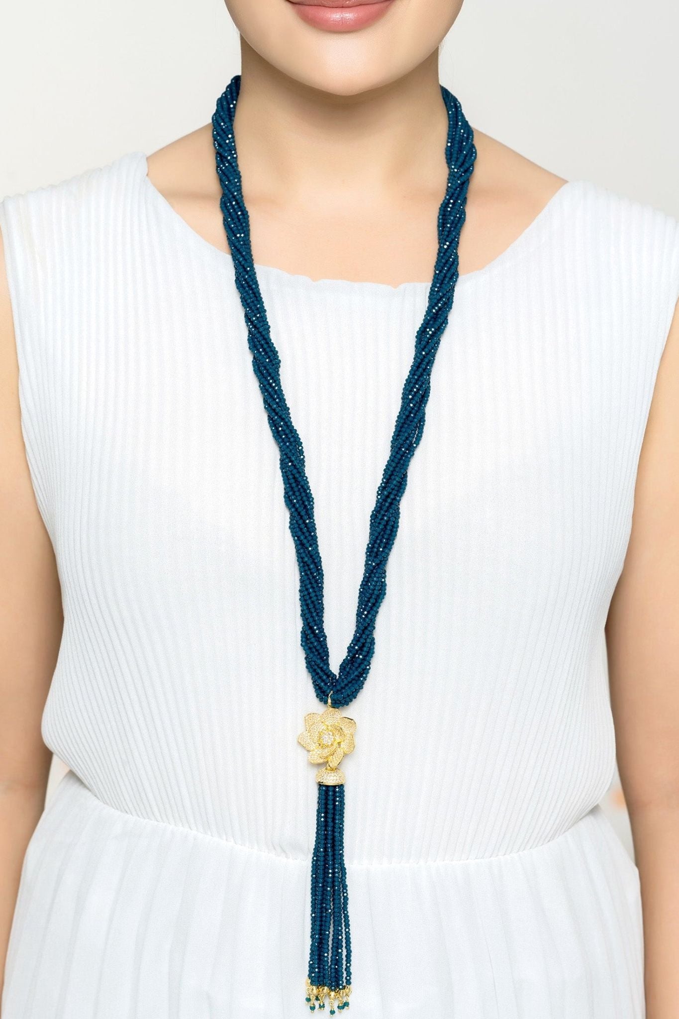 Lotus Flower Tassel Statement Necklace Iolite Blue Gold - LATELITA Necklaces