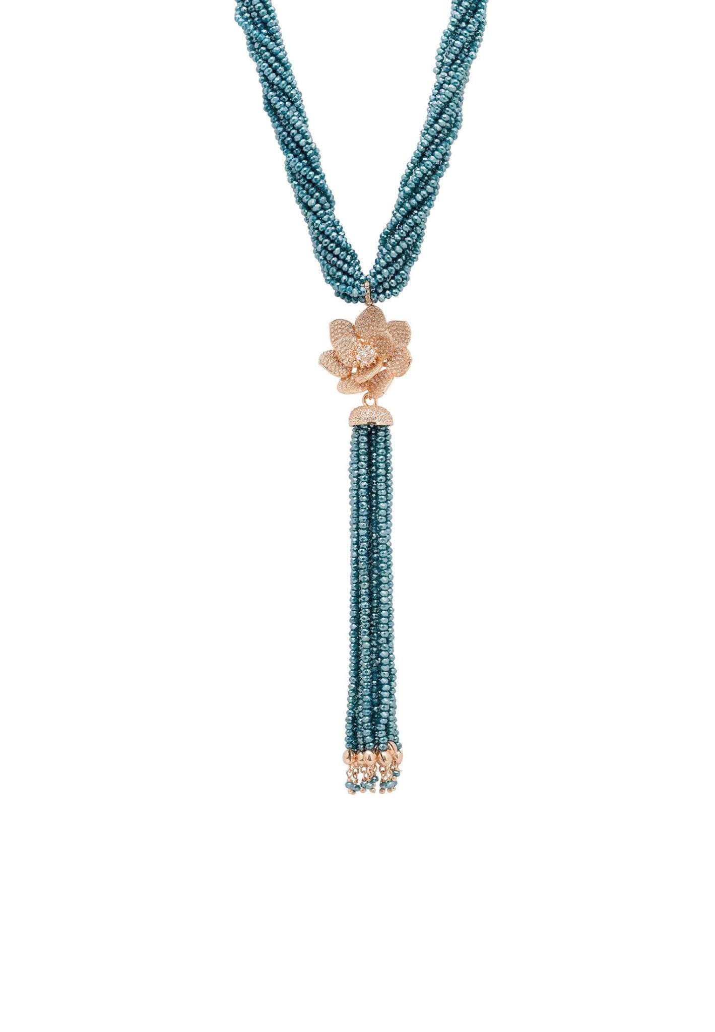 Lotus Flower Tassel Statement Necklace Turquoise Blue Rosegold - LATELITA Necklaces