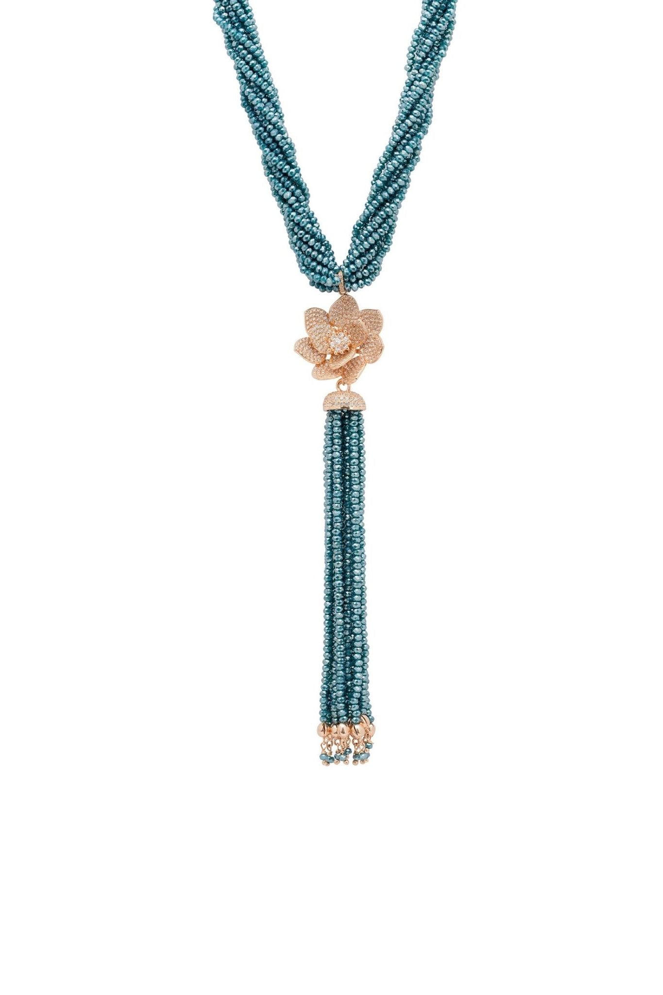 Lotus Flower Tassel Statement Necklace Turquoise Blue Rosegold - LATELITA Necklaces
