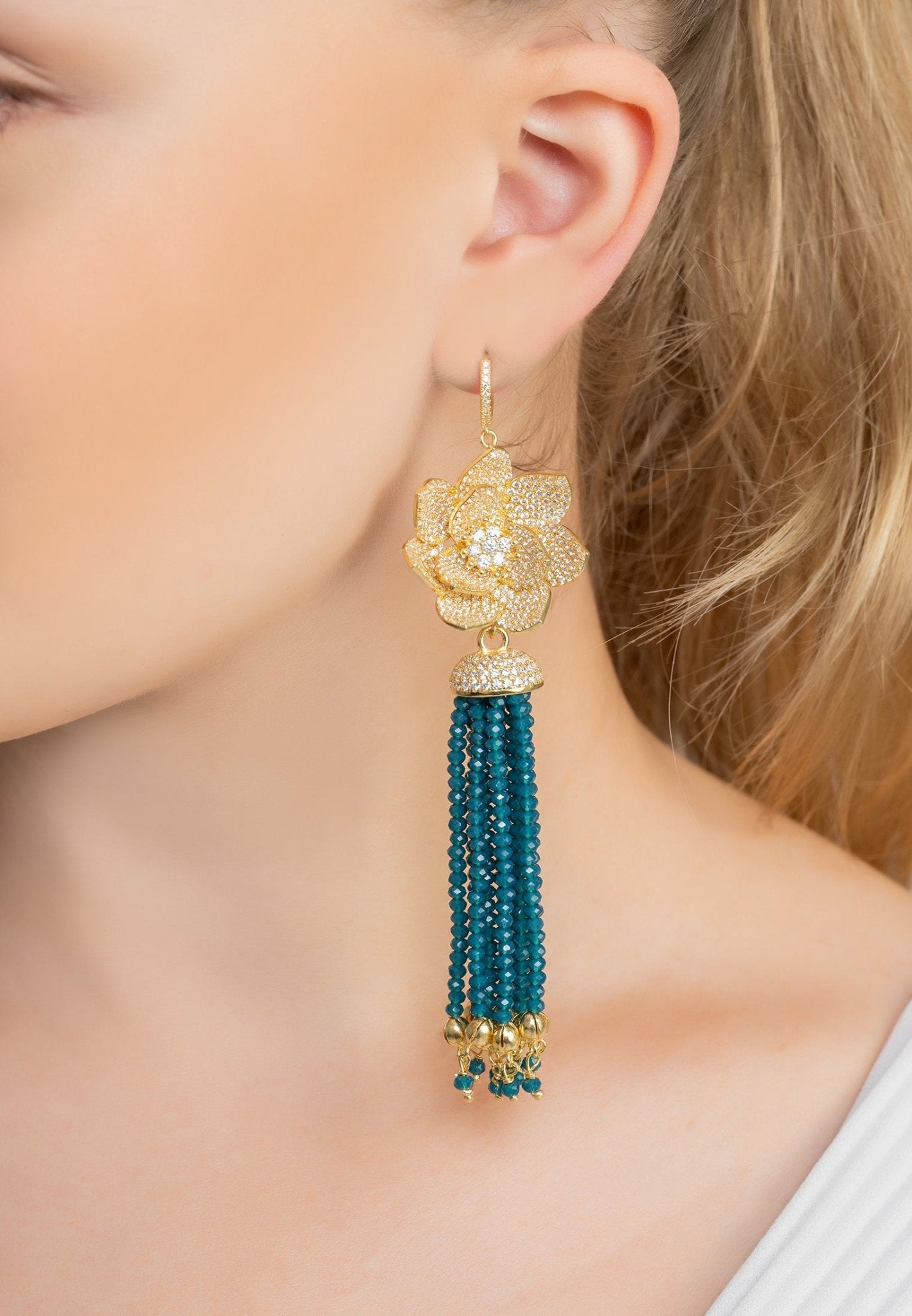Lotus Flower Tassel Teal Blue Earrings Gold - LATELITA Earrings