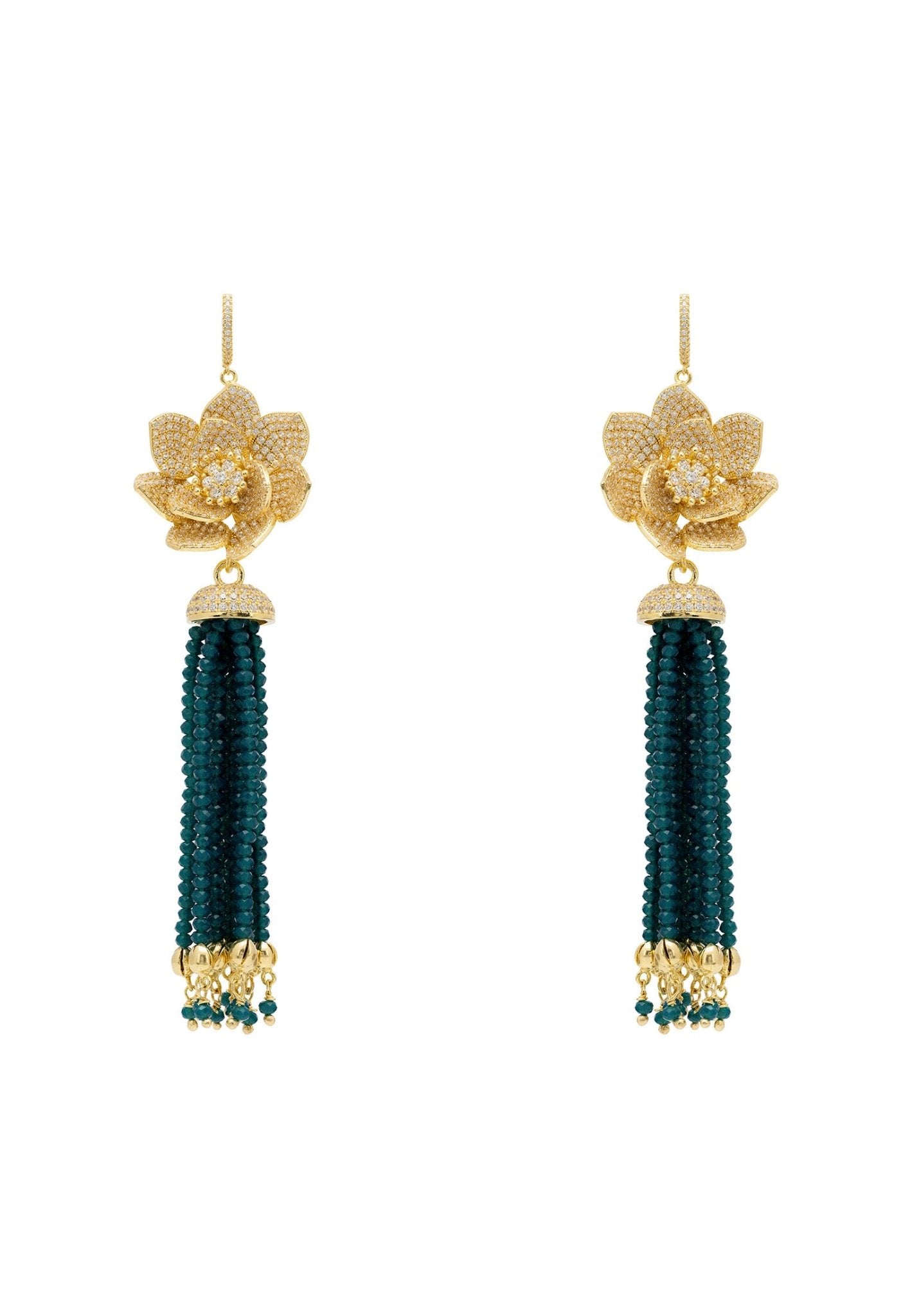 Lotus Flower Tassel Teal Blue Earrings Gold - LATELITA Earrings