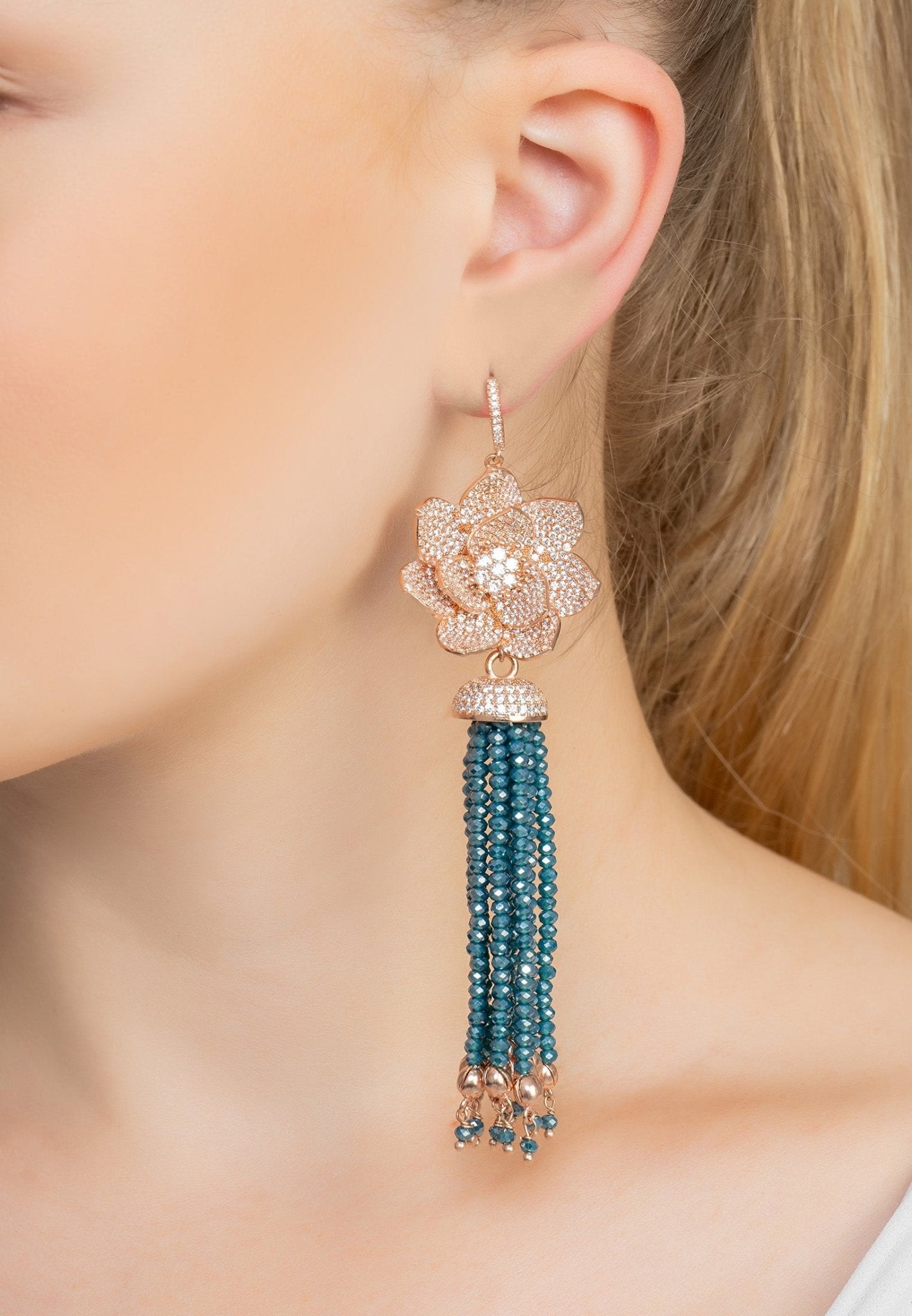 Lotus Flower Tassel Turquoise Blue Earrings Rosegold - LATELITA Earrings