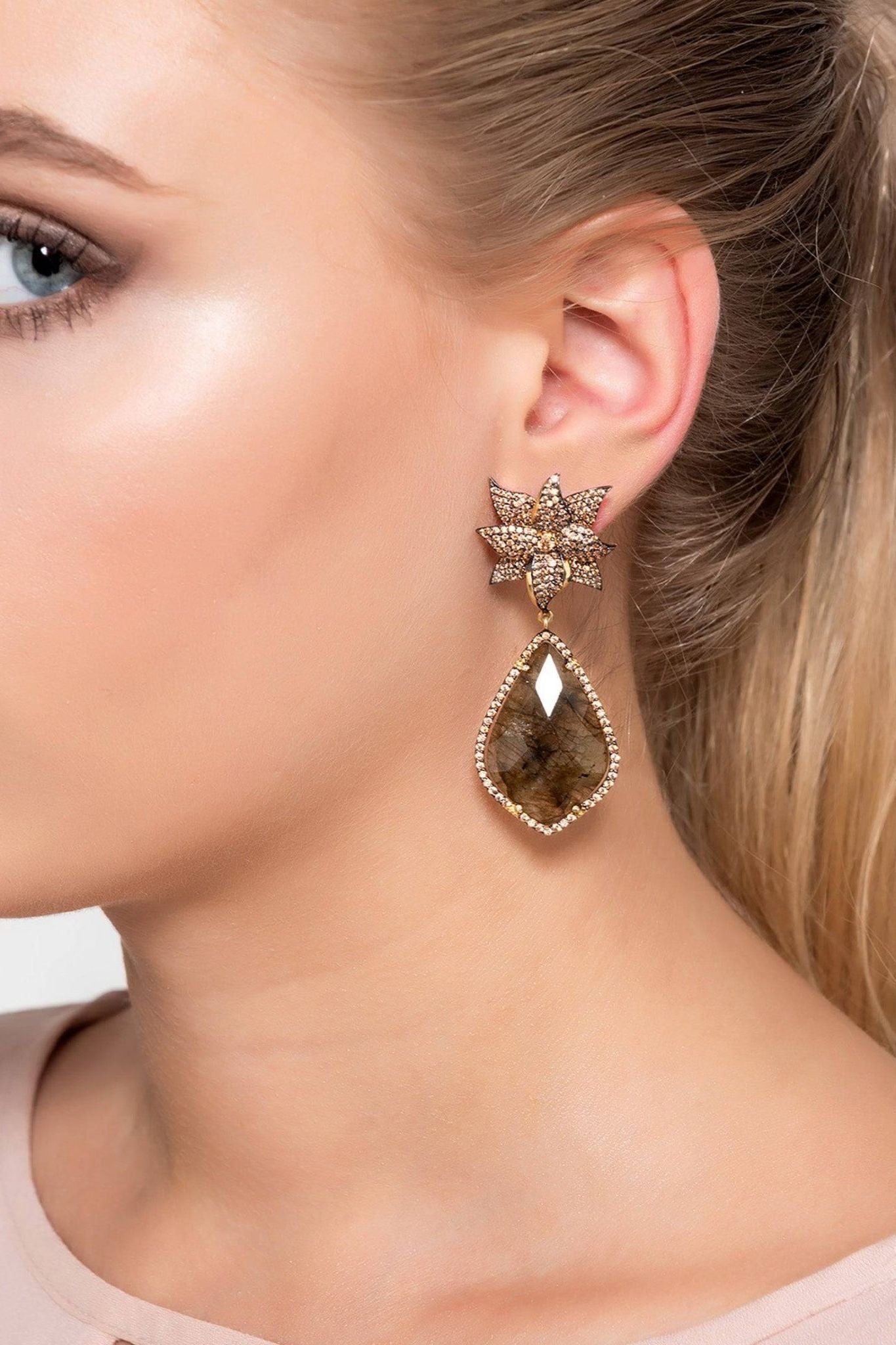 Lotus Flower Teardrop Labradorite Earrings Gold - LATELITA Earrings