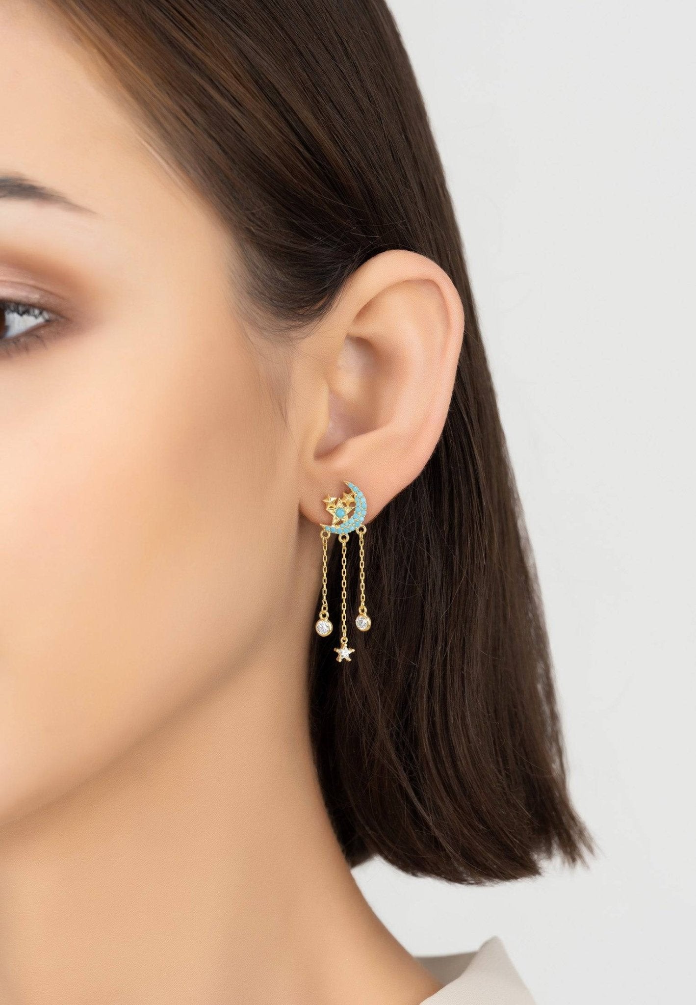 Lunar Moon Chain Drop Earrings Gold Turquoise - LATELITA Earrings