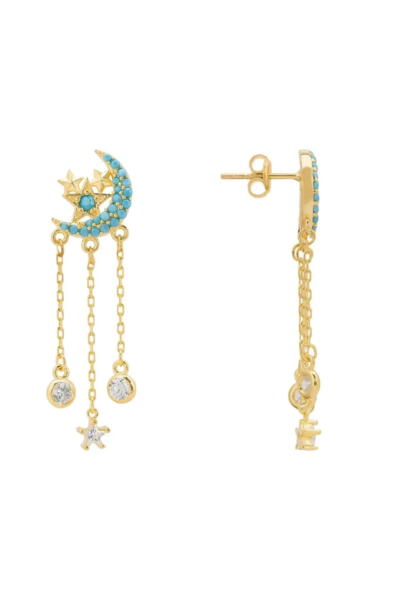 Lunar Moon Chain Drop Earrings Gold Turquoise - LATELITA Earrings