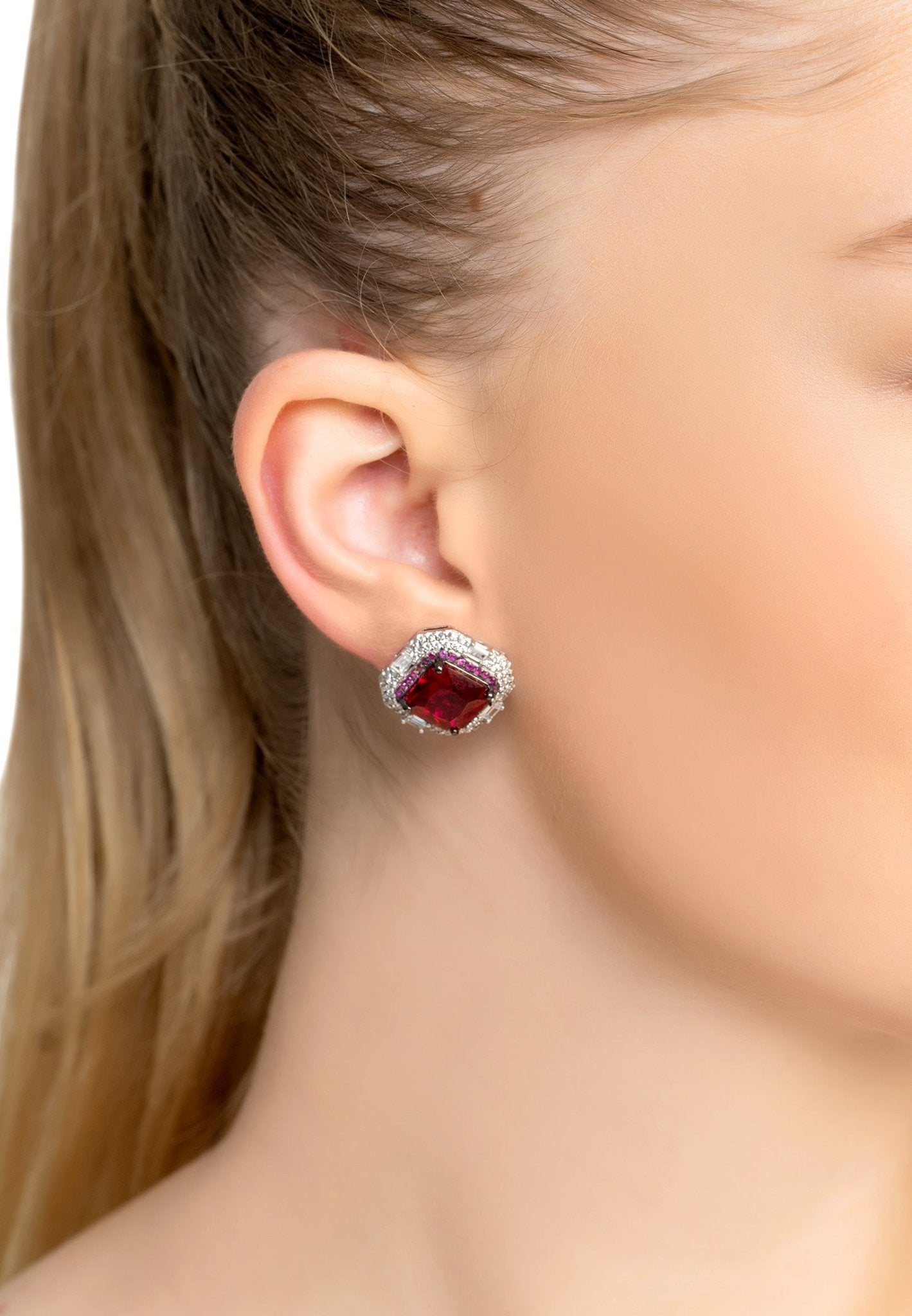 Madeleine Large Stud Earrings Silver Ruby - LATELITA Earrings