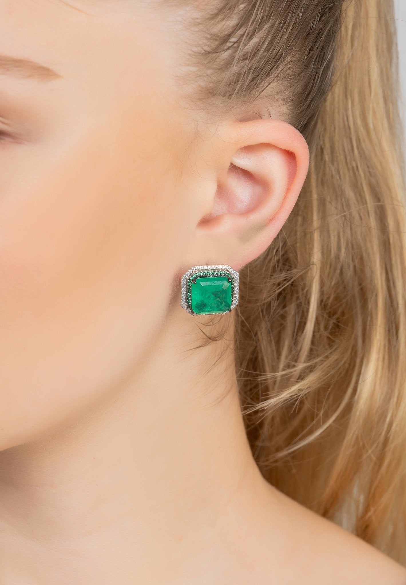 Medina Large Stud Earrings Silver Colombian Emerald - LATELITA Earrings