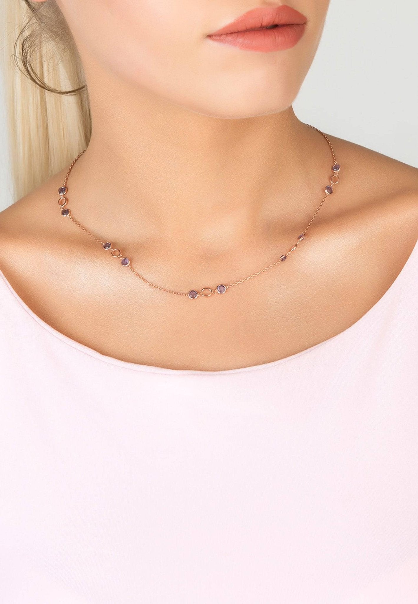 Milan Link Gemstone Necklace Rose Gold Amethyst - LATELITA Necklaces