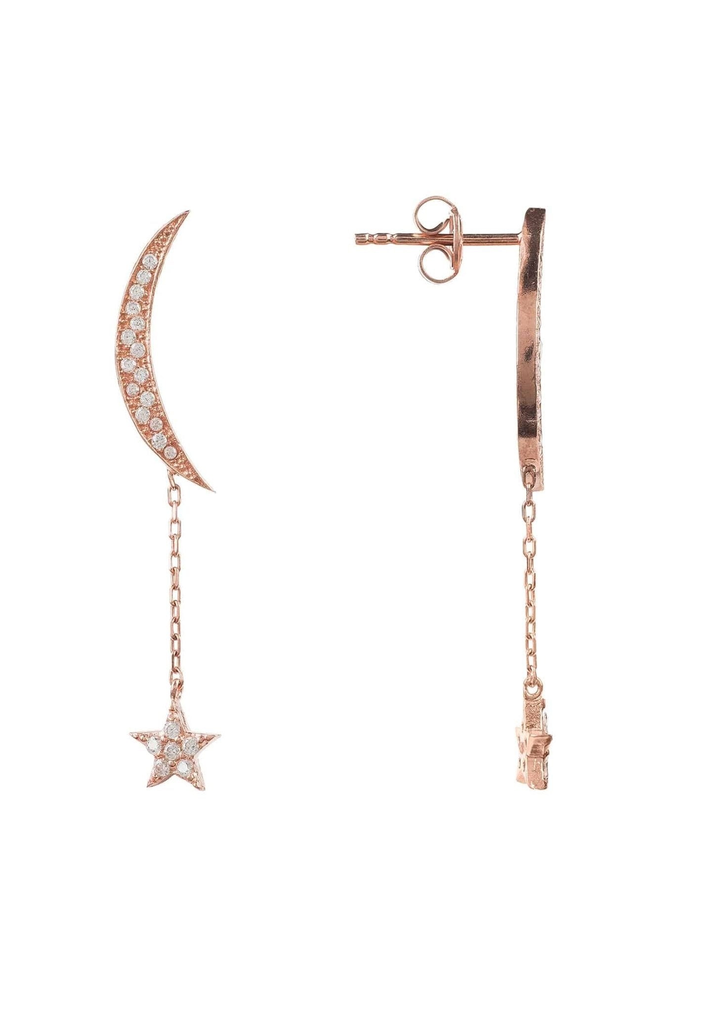 Moon And Star Earrings Rosegold White Cz - LATELITA Earrings