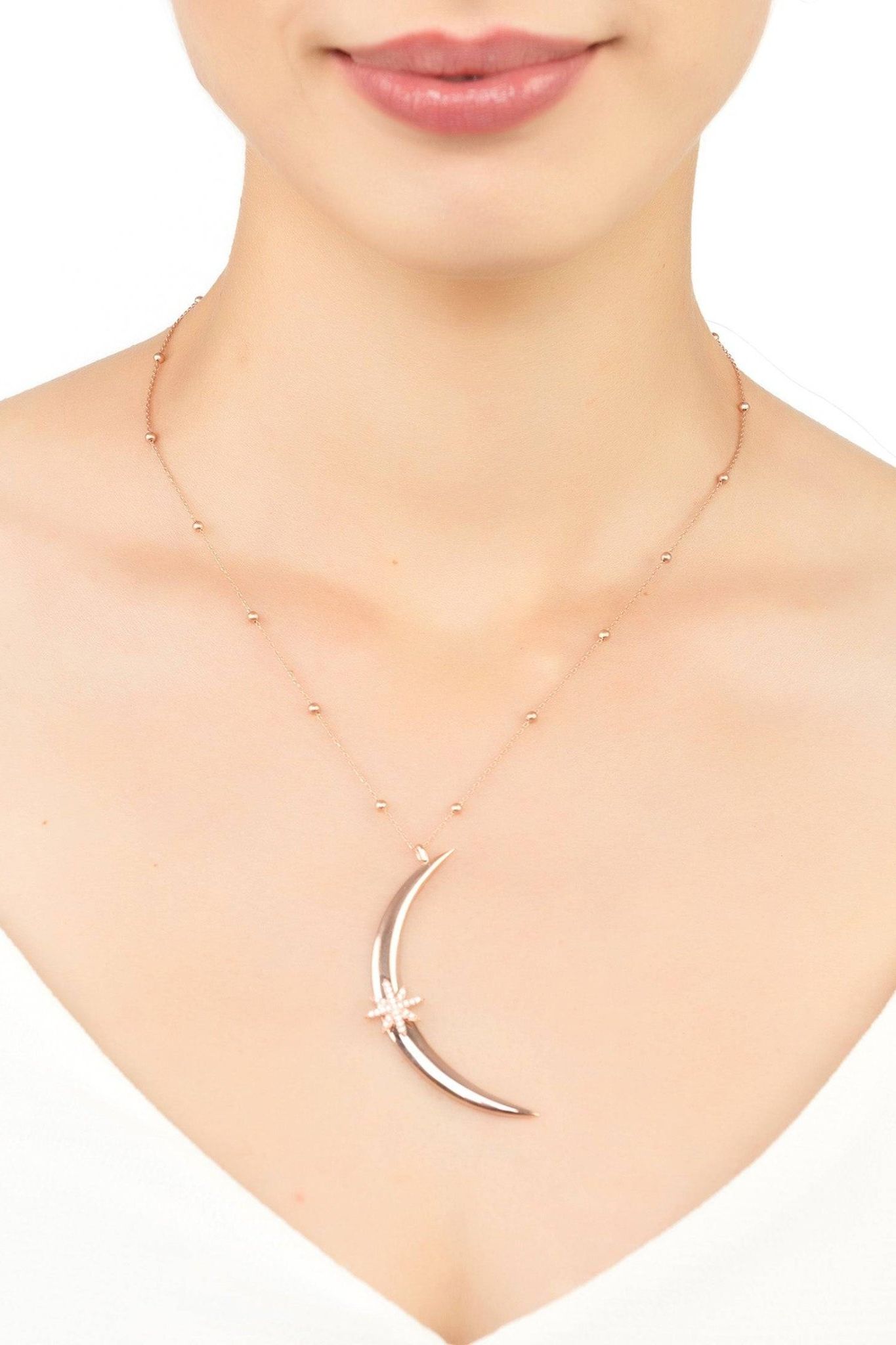 Moon Crescent Star Necklace Beaded Chain Rosegold - LATELITA Necklaces