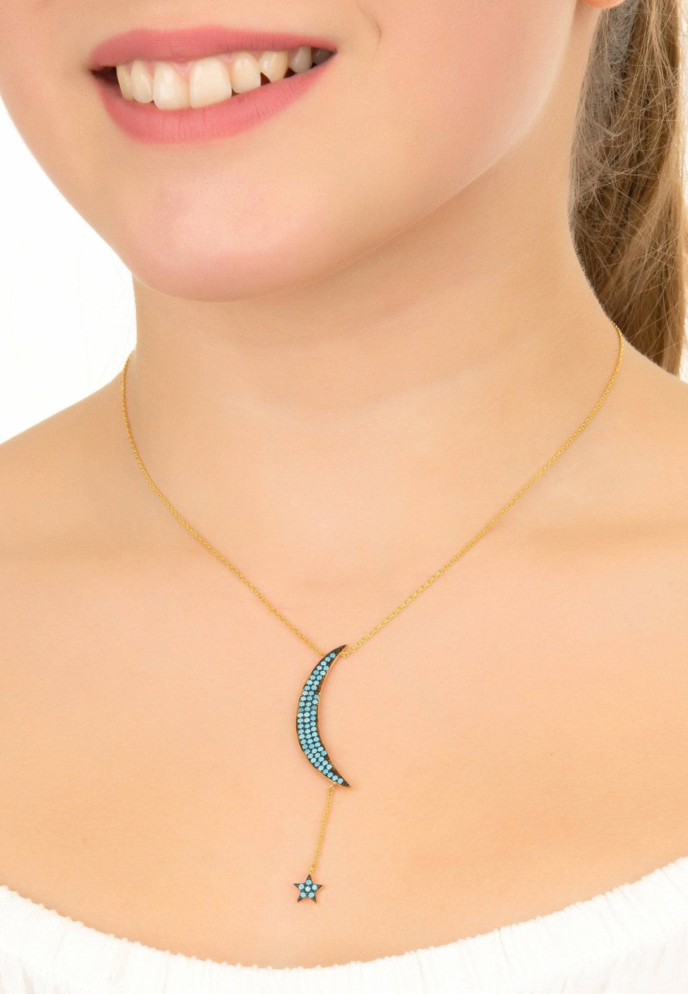 Moon & Star Large Pendant Necklace Blue Turquoise Silver - LATELITA Necklaces