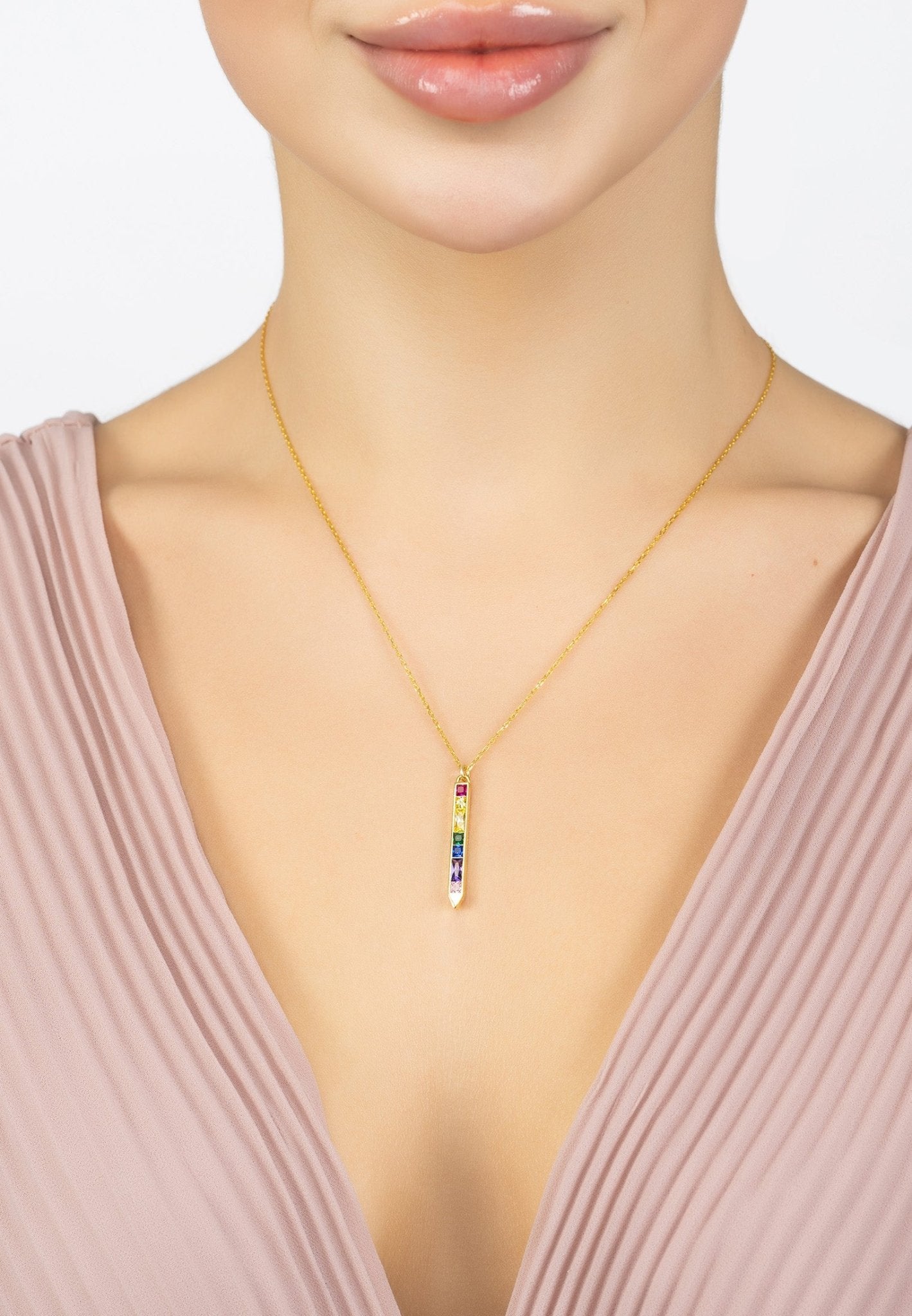 Obelisk Rainbow Baguette Pendant Necklace Gold - LATELITA Necklaces