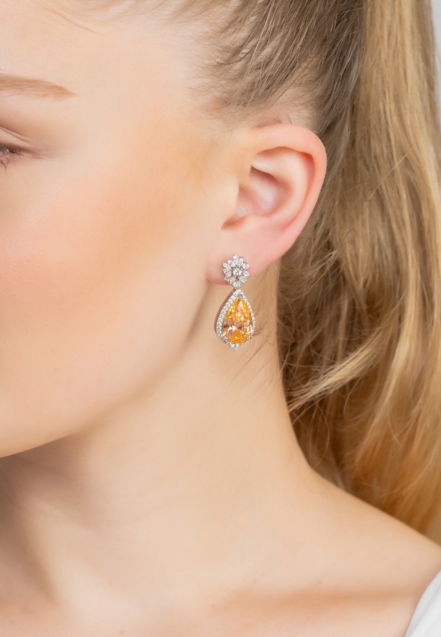 Olivia Teardrop Crystal Drop Earrings Peach Silver - LATELITA Earrings