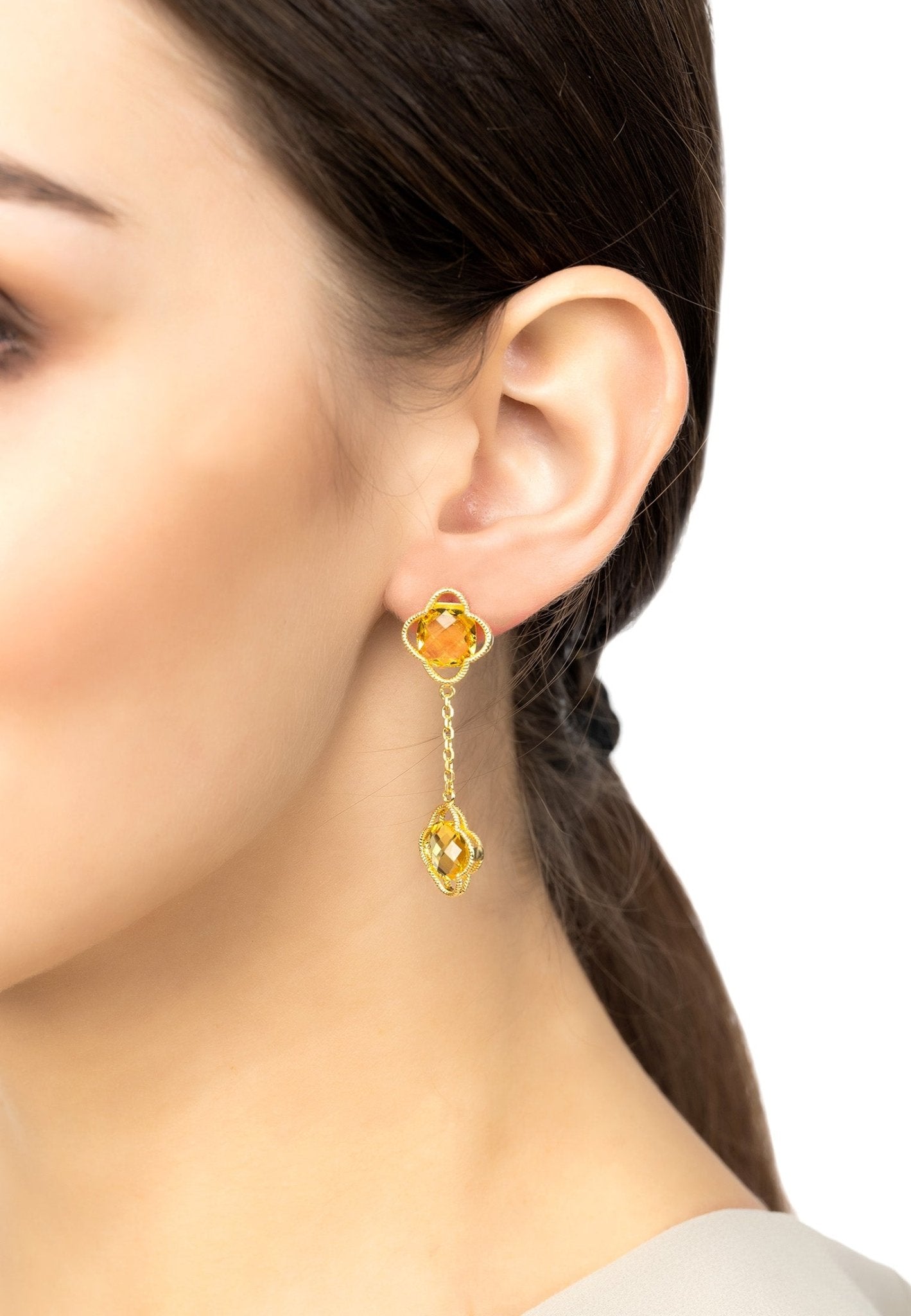 Open Clover Double Drop Earrings Gold Citrine Hydro - LATELITA Earrings