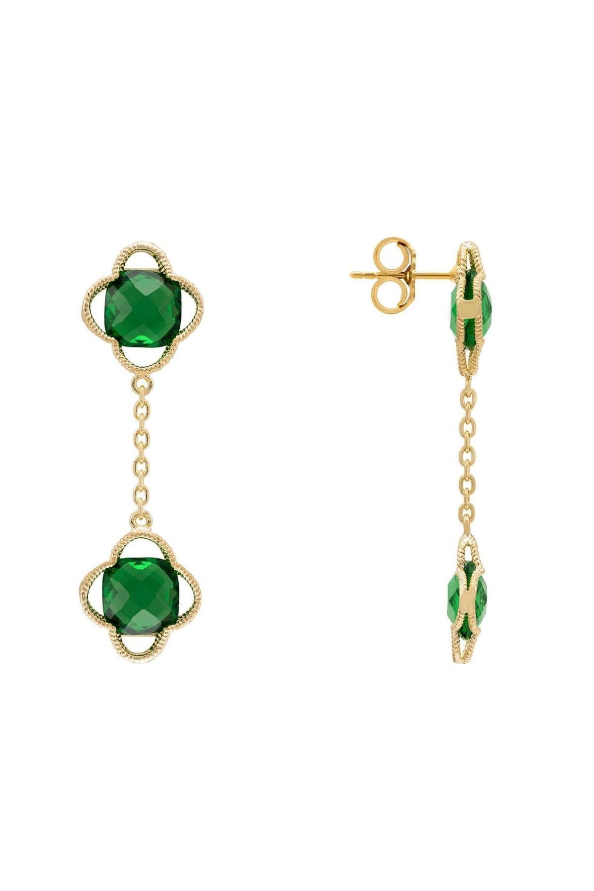 Open Clover Double Drop Earrings Gold Emerald - LATELITA Earrings