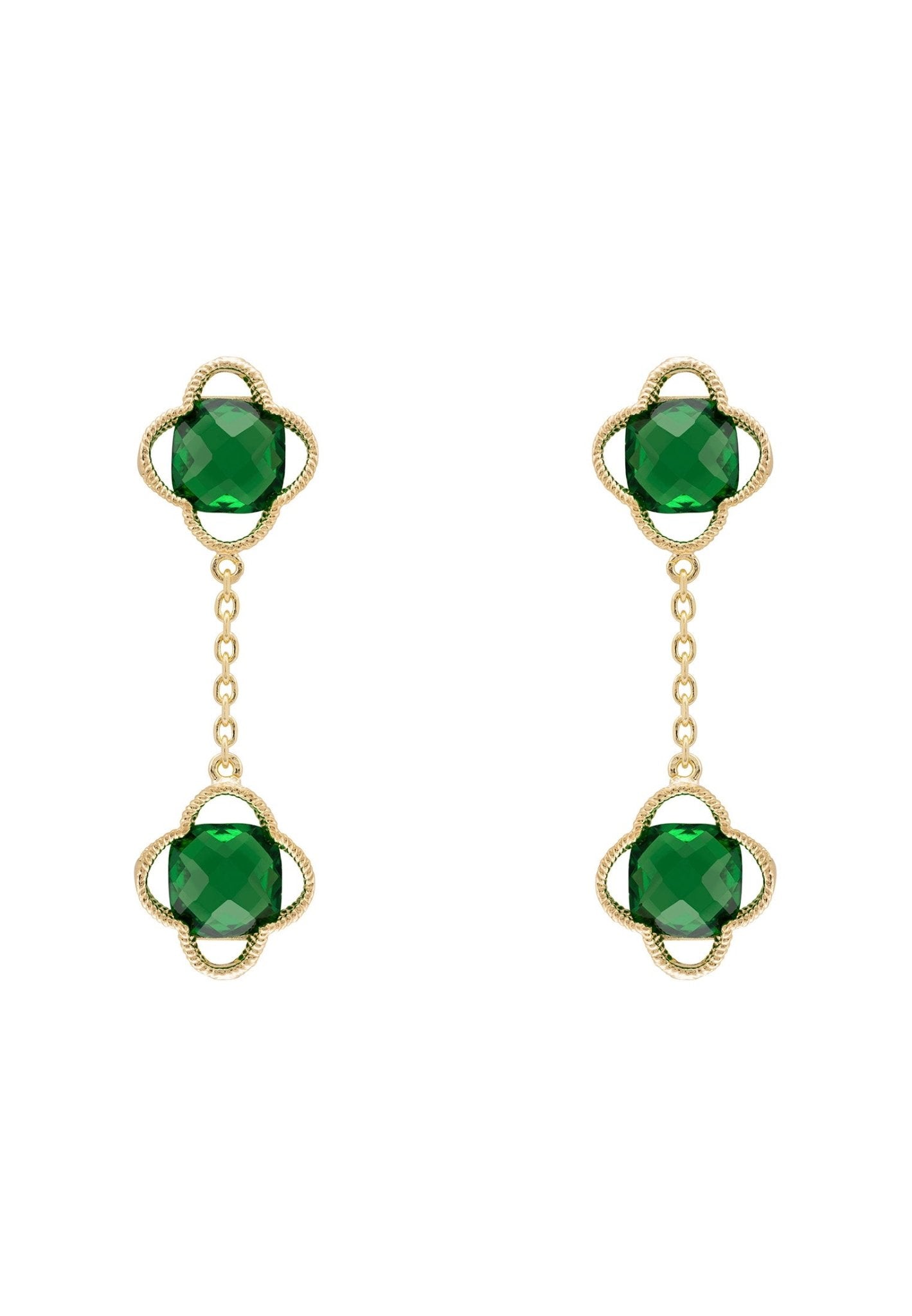 Open Clover Double Drop Earrings Gold Emerald - LATELITA Earrings