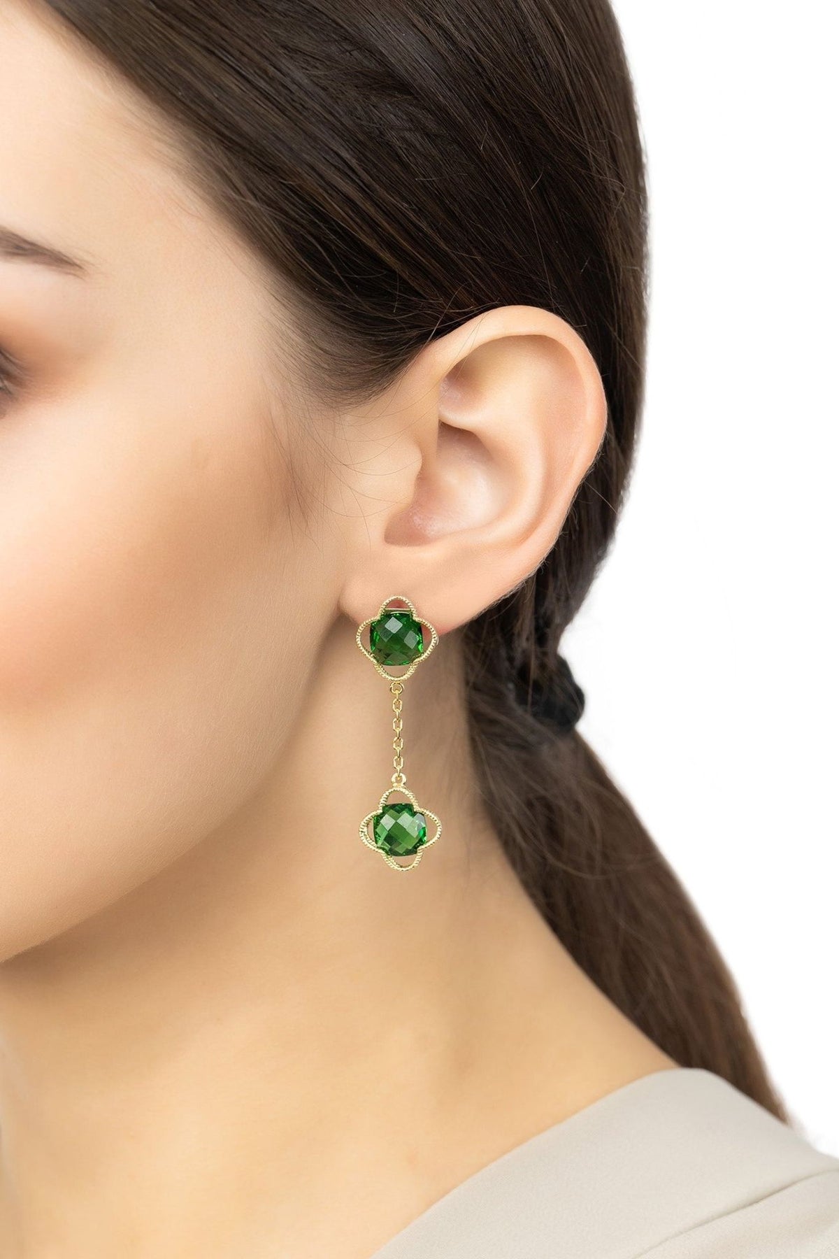 Open Clover Double Drop Earrings Gold Emerald - LATELITA Earrings