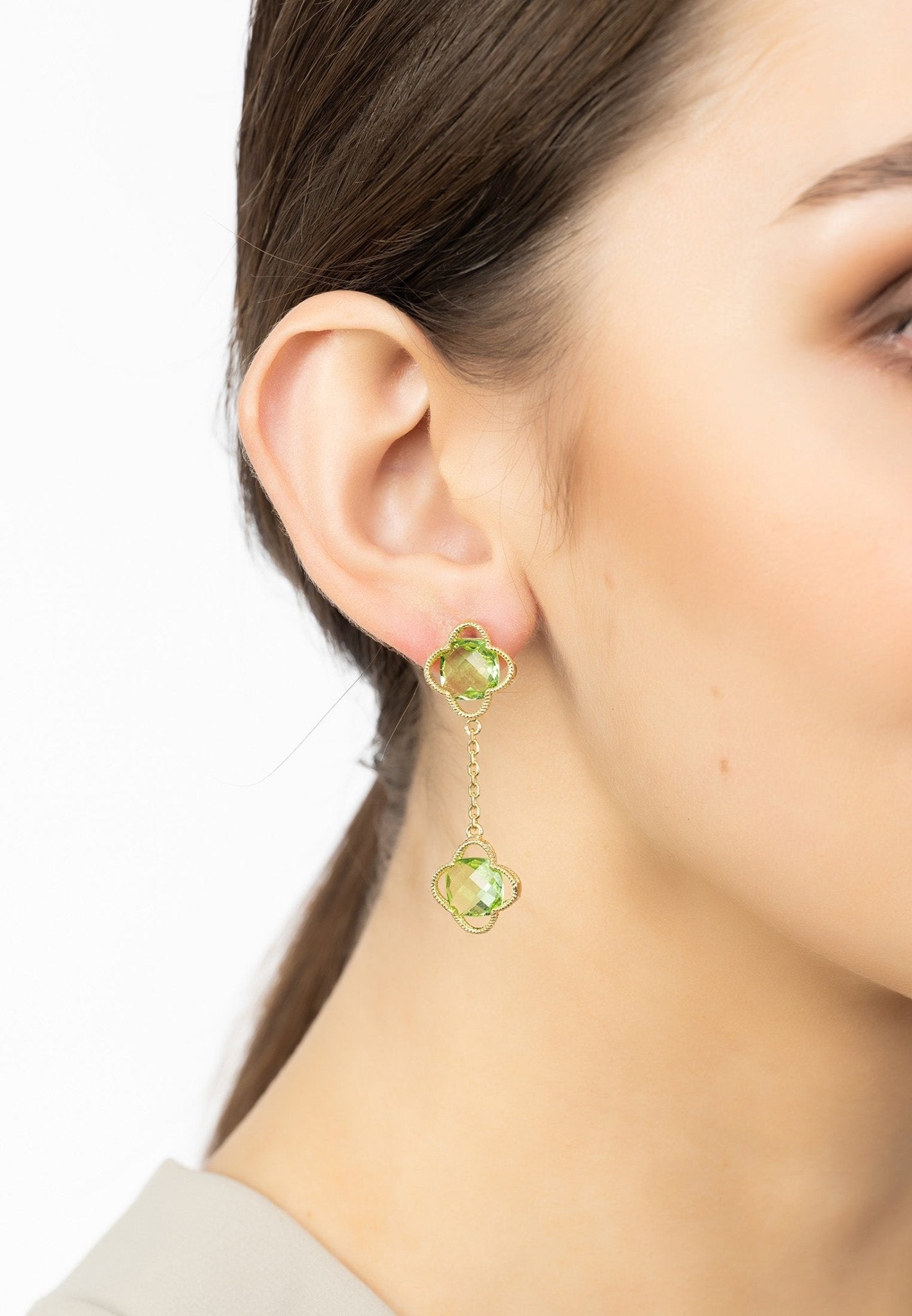 Open Clover Double Drop Earrings Gold Peridot - LATELITA Earrings