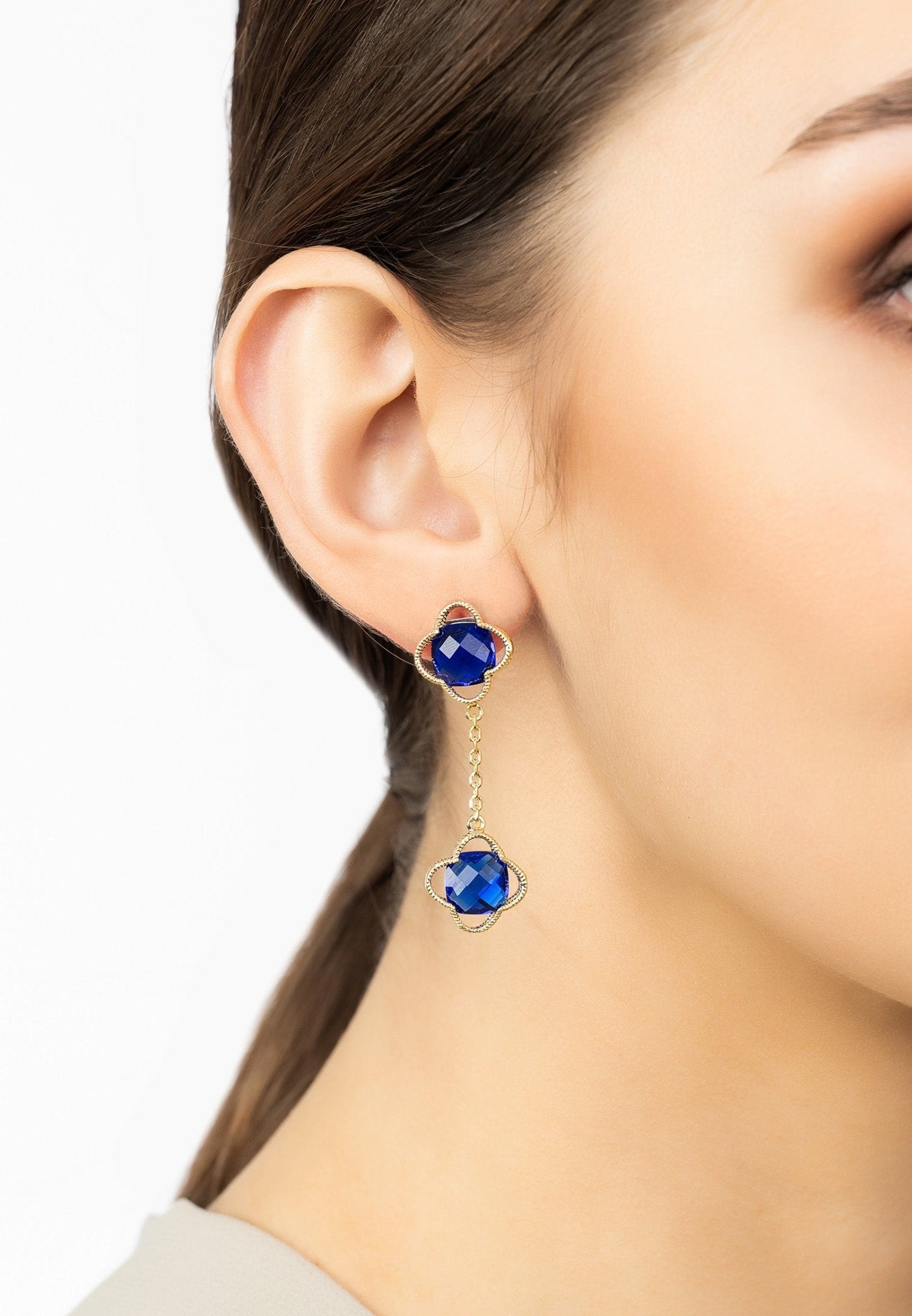 Open Clover Double Drop Earrings Gold Sapphire - LATELITA Earrings