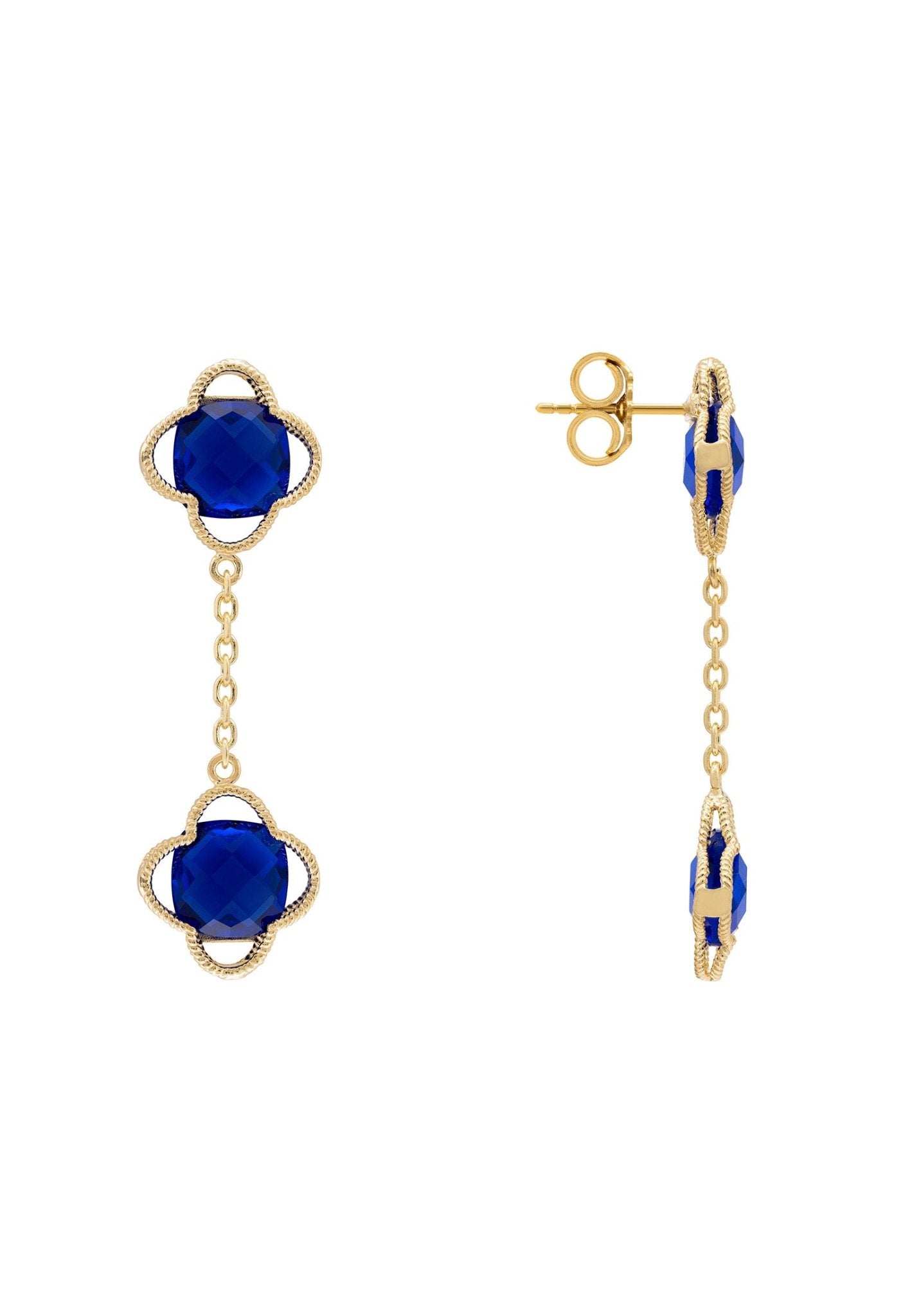 Open Clover Double Drop Earrings Gold Sapphire - LATELITA Earrings