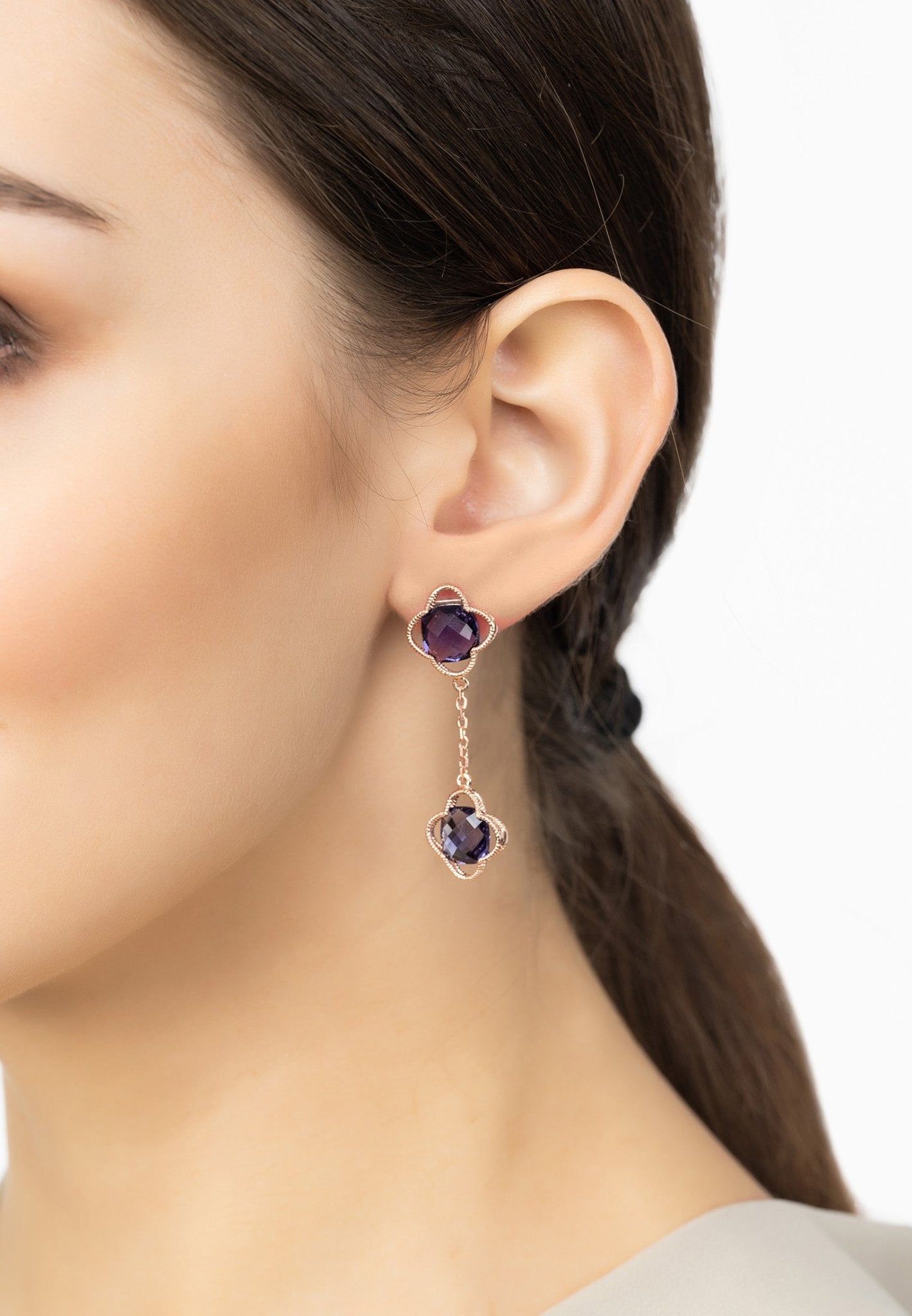 Open Clover Double Drop Earrings Rosegold Amethyst - LATELITA Earrings
