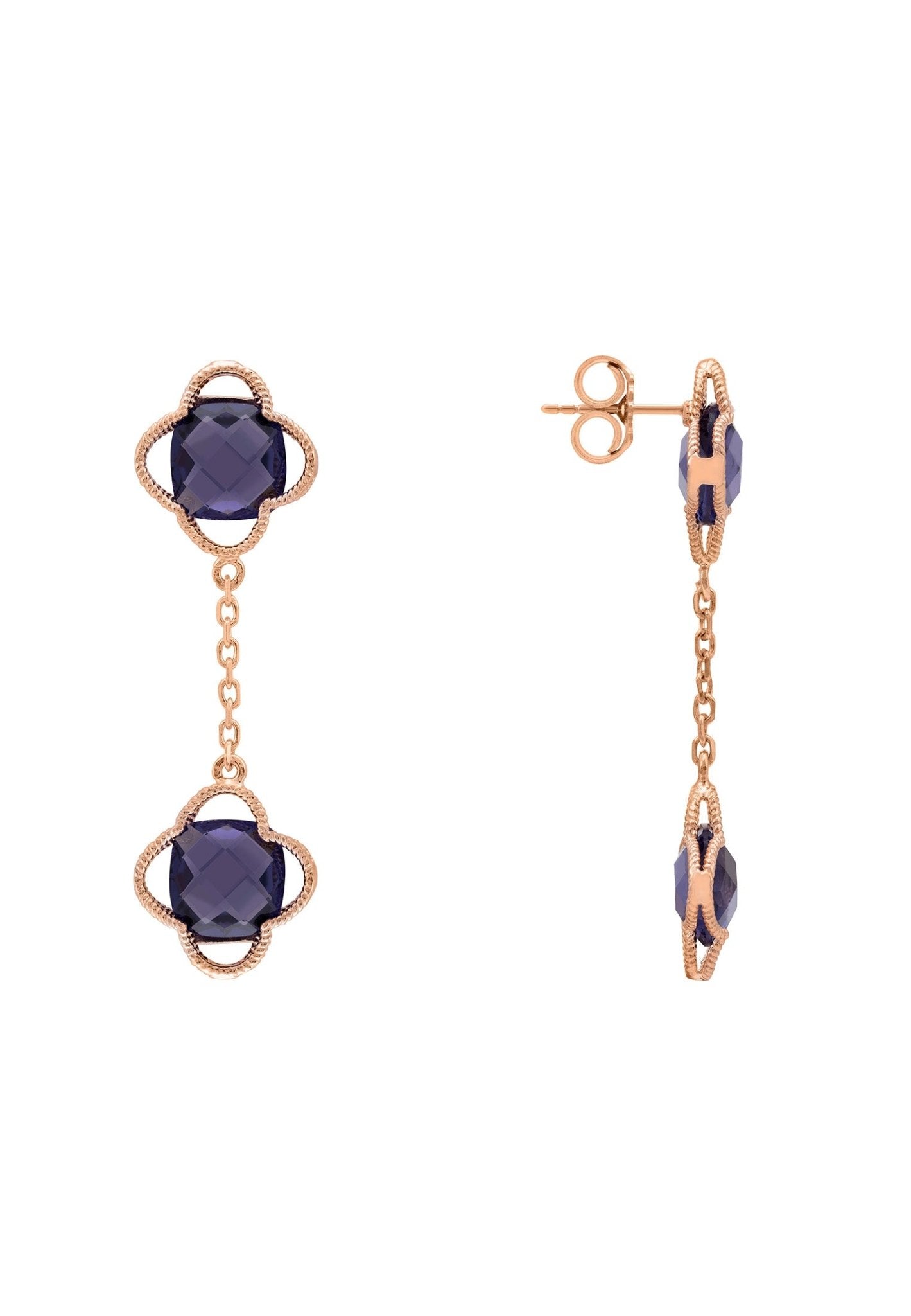 Open Clover Double Drop Earrings Rosegold Amethyst - LATELITA Earrings