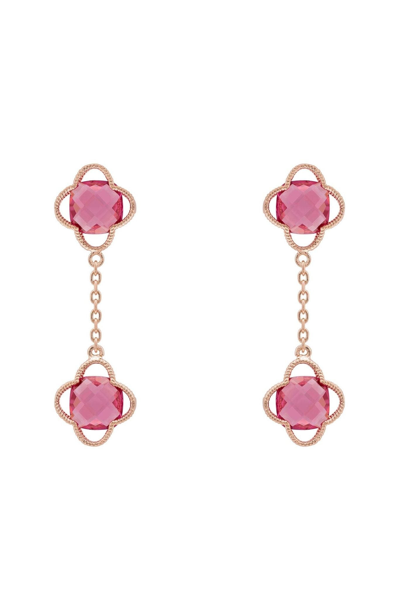 Open Clover Double Drop Earrings Rosegold Pink Tourmaline - LATELITA Earrings
