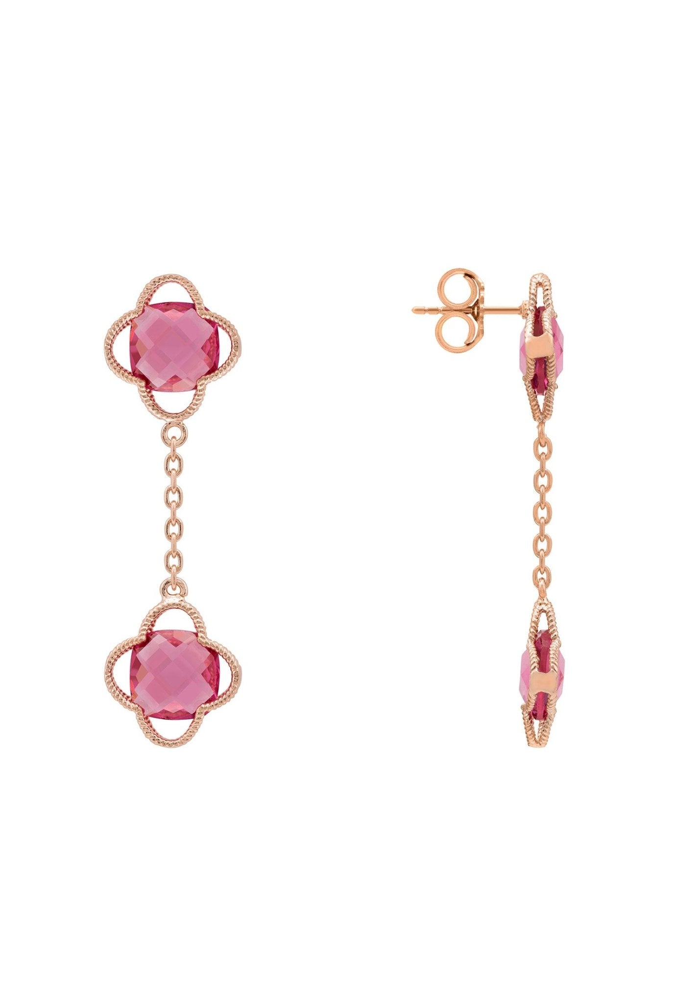 Open Clover Double Drop Earrings Rosegold Pink Tourmaline - LATELITA Earrings