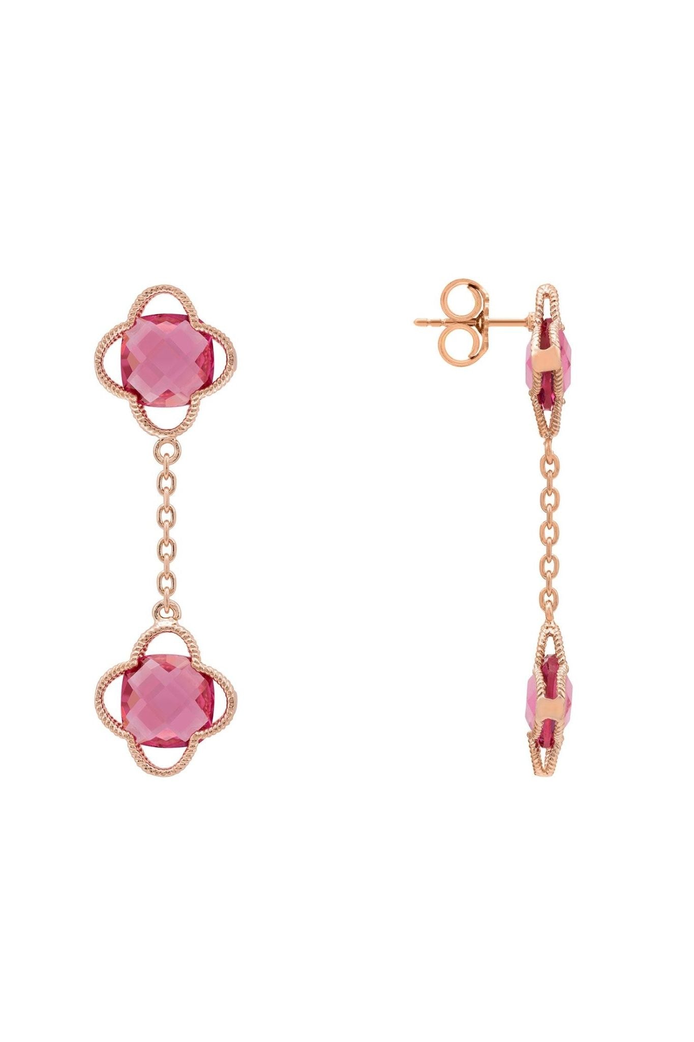 Open Clover Double Drop Earrings Rosegold Pink Tourmaline - LATELITA Earrings