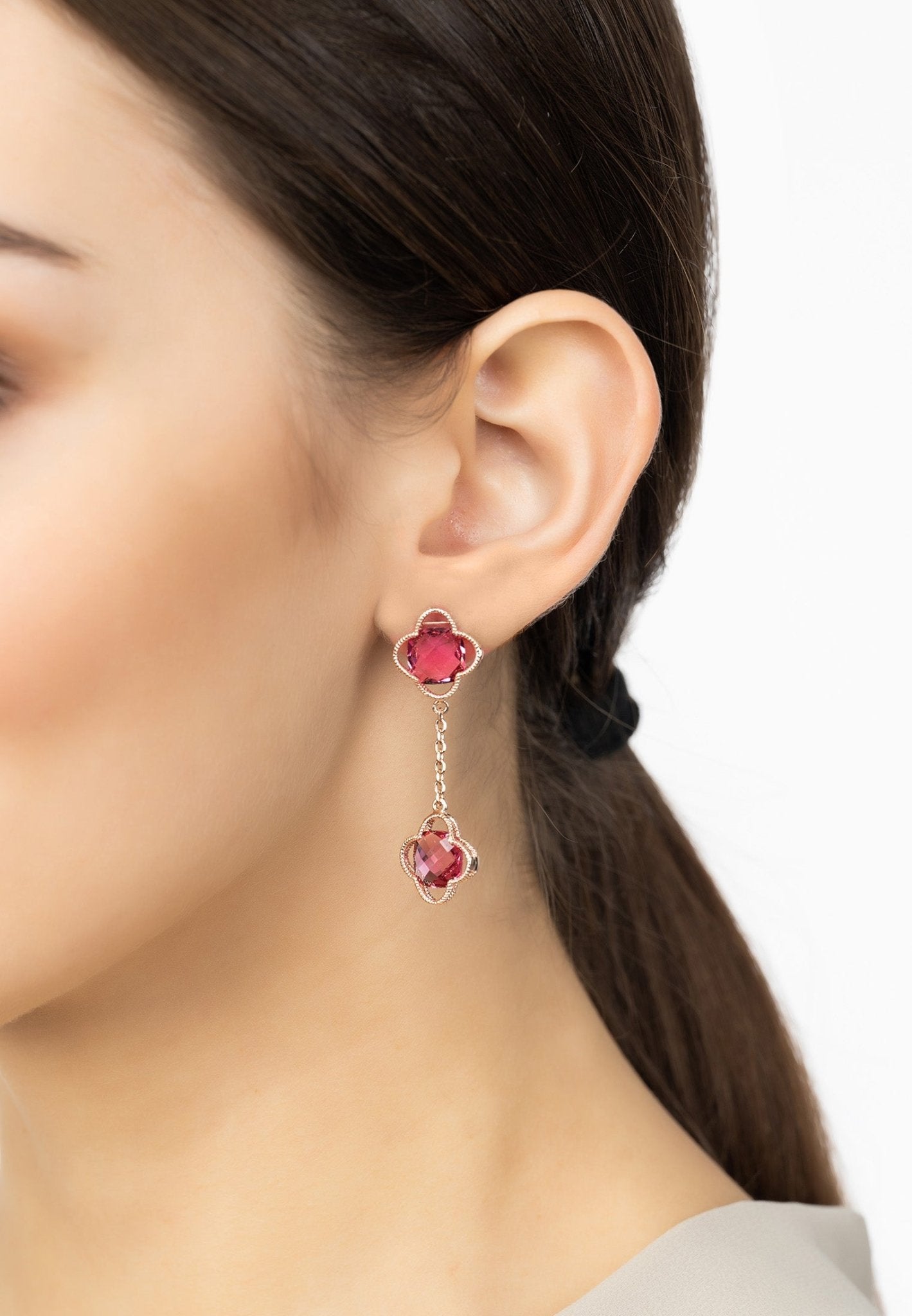 Open Clover Double Drop Earrings Rosegold Pink Tourmaline - LATELITA Earrings
