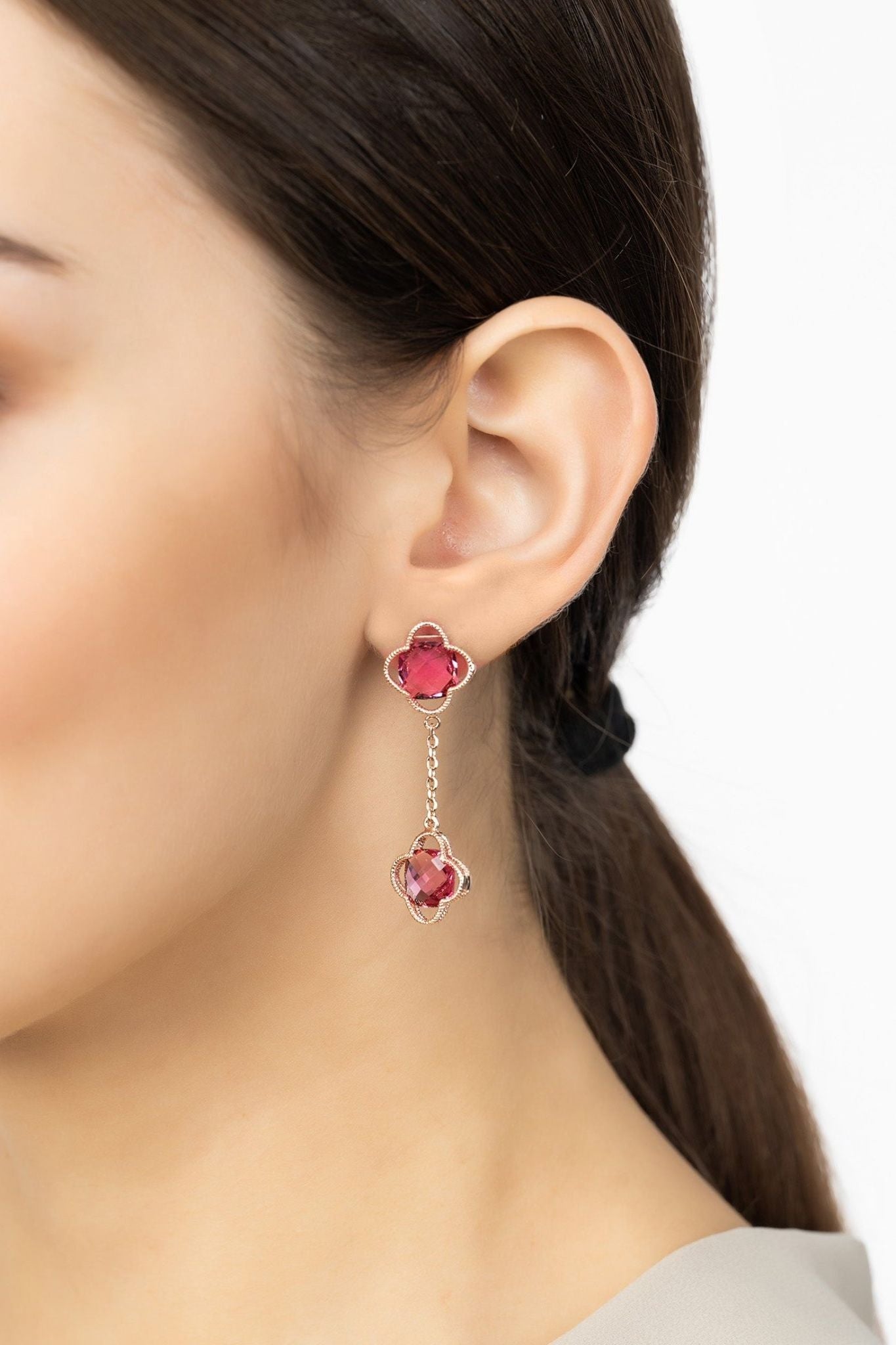 Open Clover Double Drop Earrings Rosegold Pink Tourmaline - LATELITA Earrings