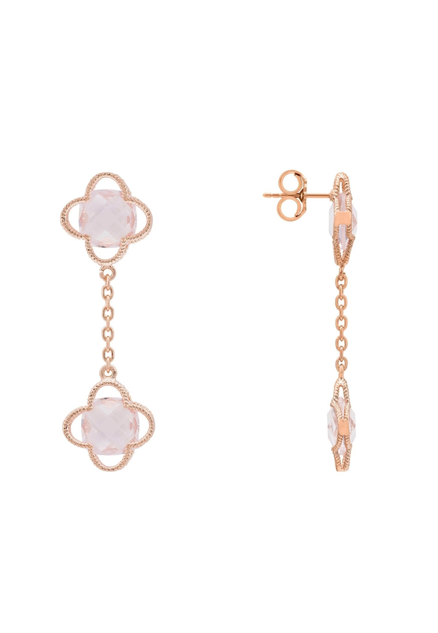 Open Clover Double Drop Earrings Rosegold Rose Quartz - LATELITA Earrings