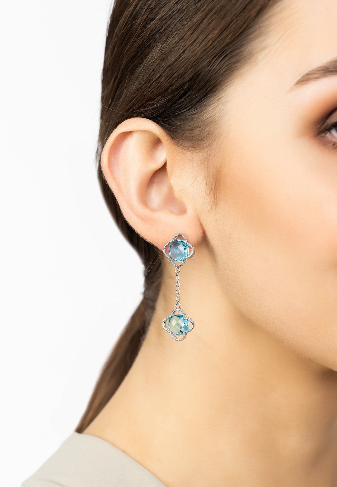 Open Clover Double Drop Earrings Silver Blue Topaz - LATELITA Earrings