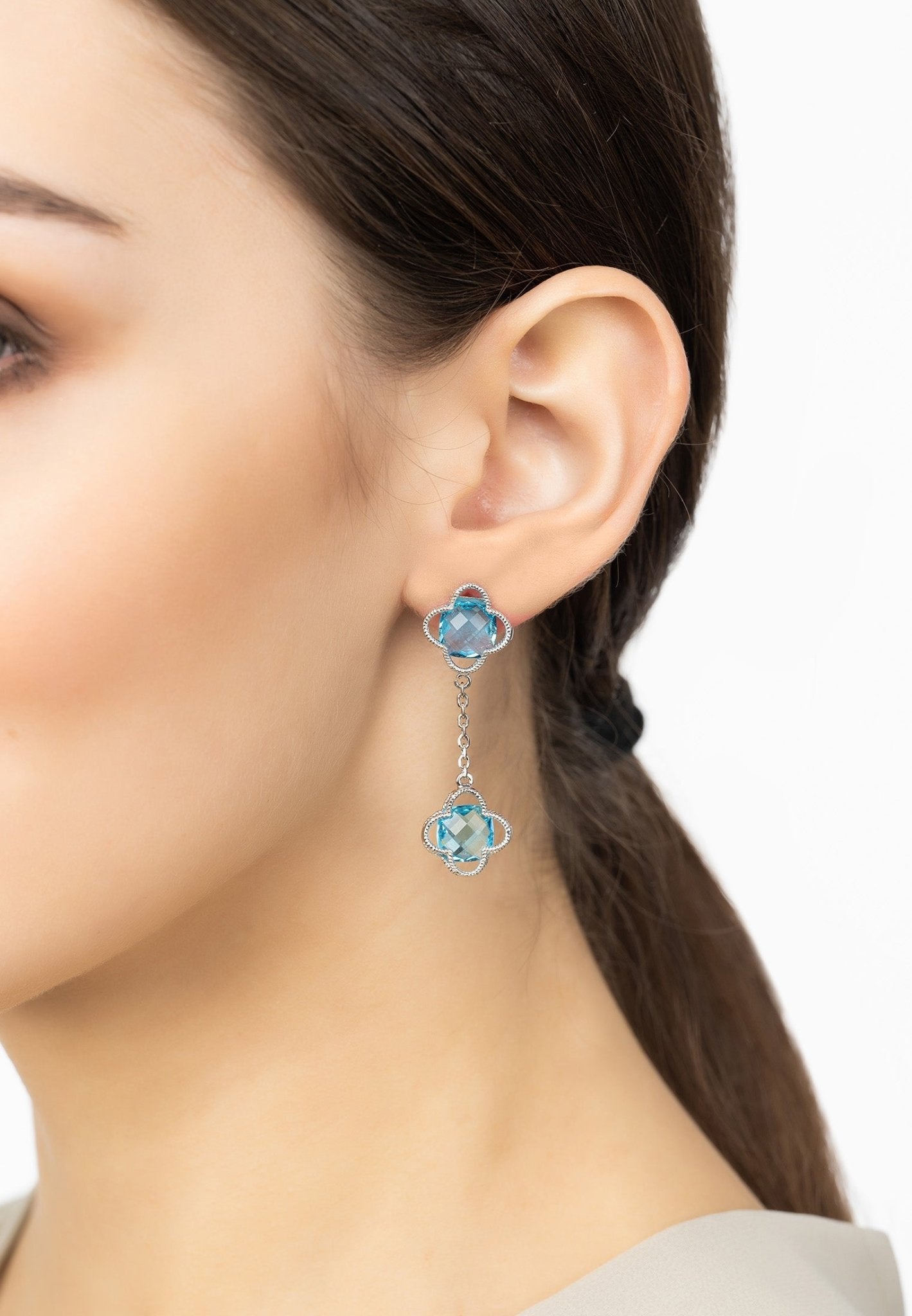Open Clover Double Drop Earrings Silver Blue Topaz - LATELITA Earrings