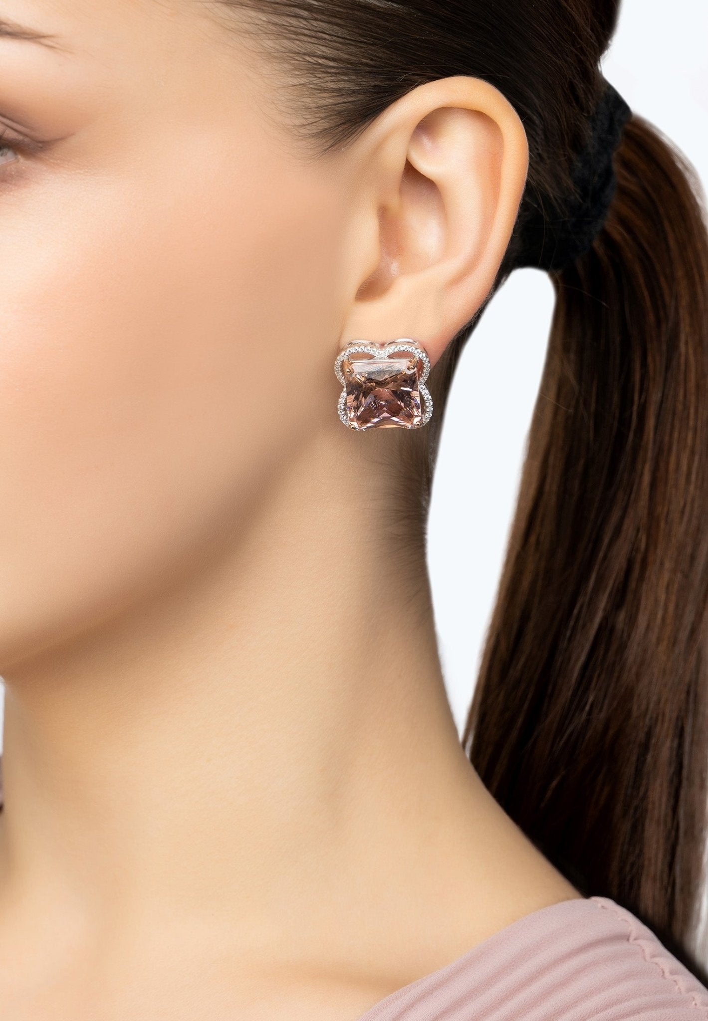 Open Clover Flower Earrings Silver Pink Morganite - LATELITA Earrings
