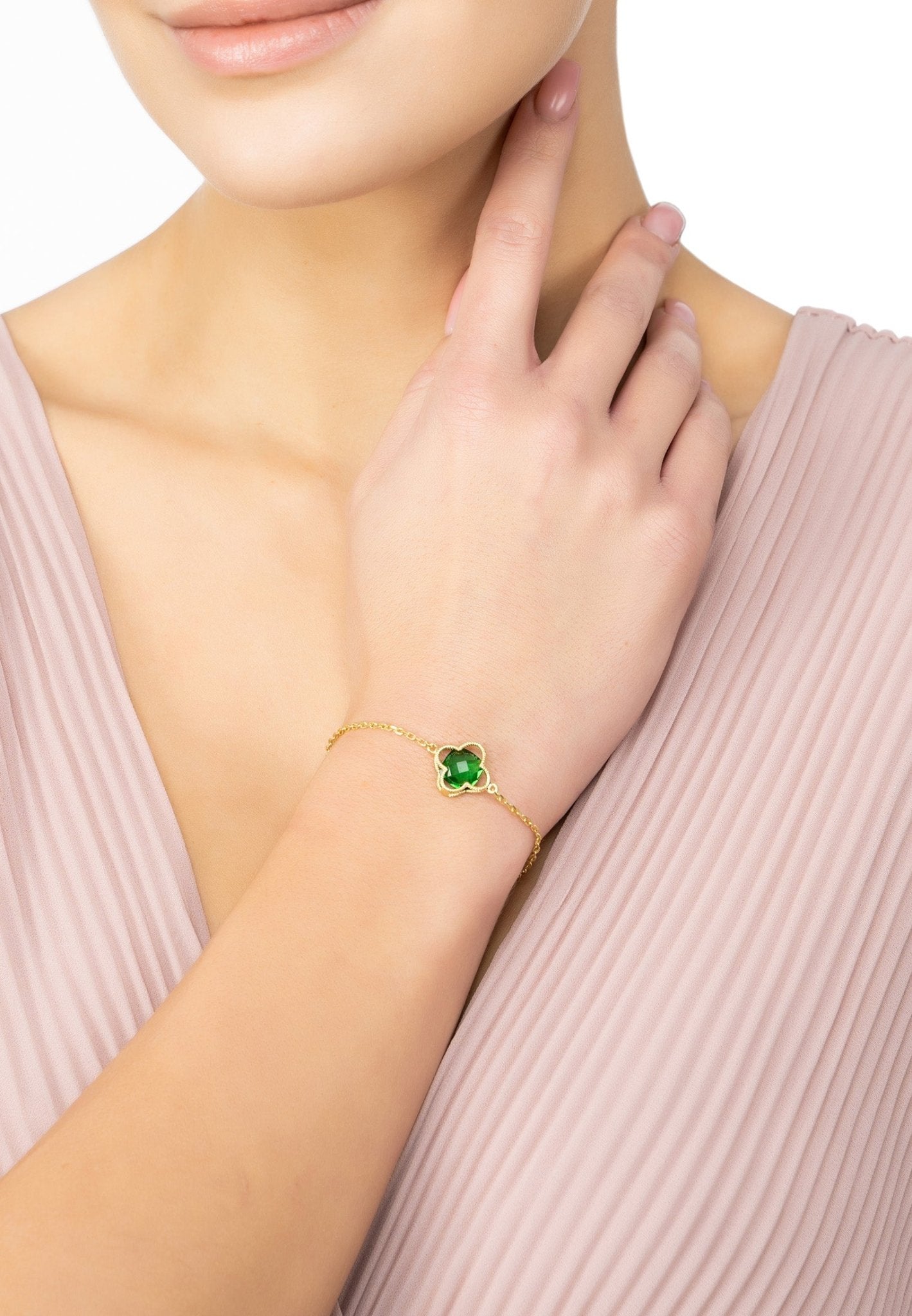 Open Clover Flower Gemstone Bracelet Gold Emerald - LATELITA Bracelets