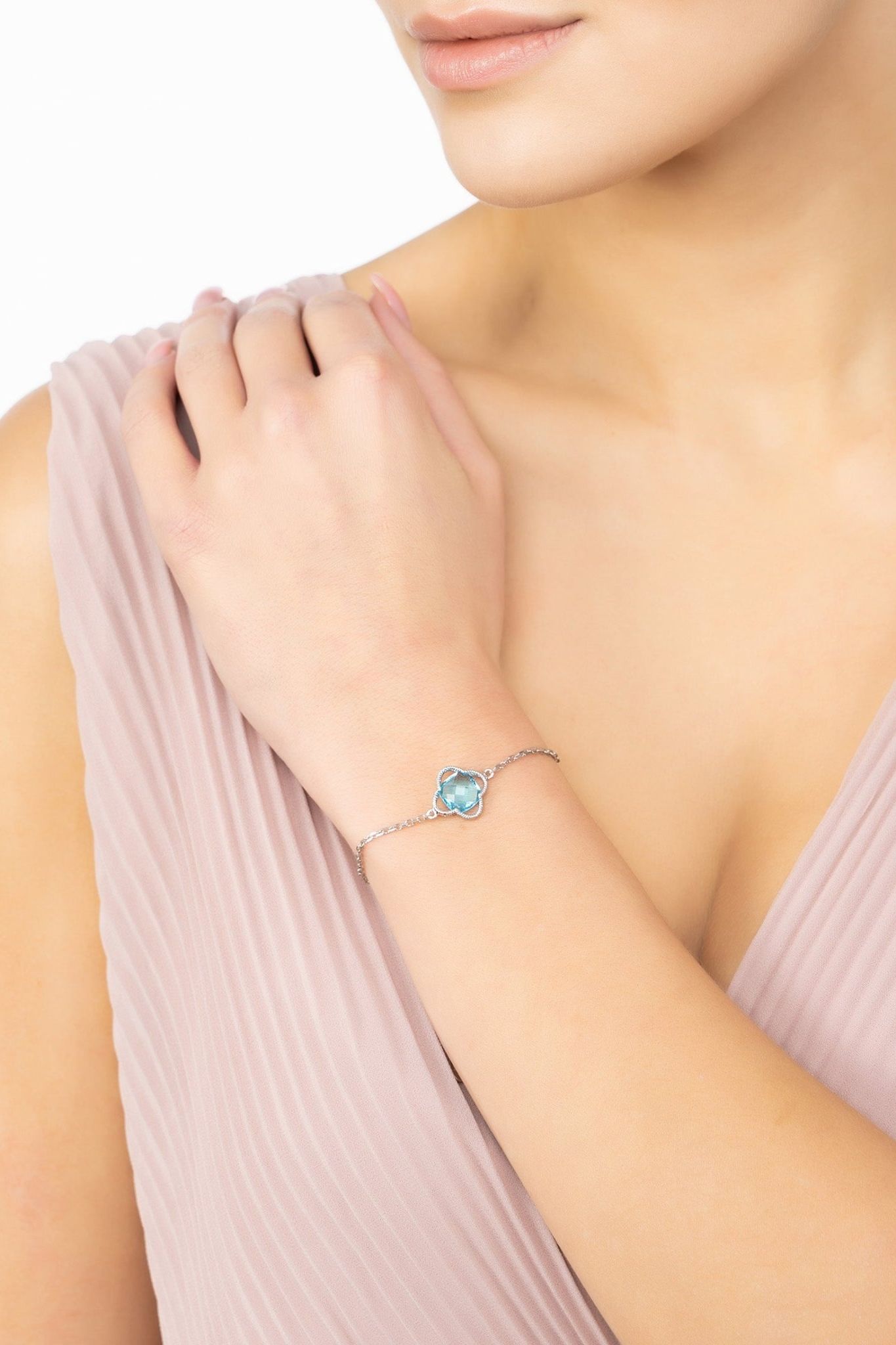 Open Clover Flower Gemstone Bracelet Silver Blue Topaz - LATELITA Bracelets