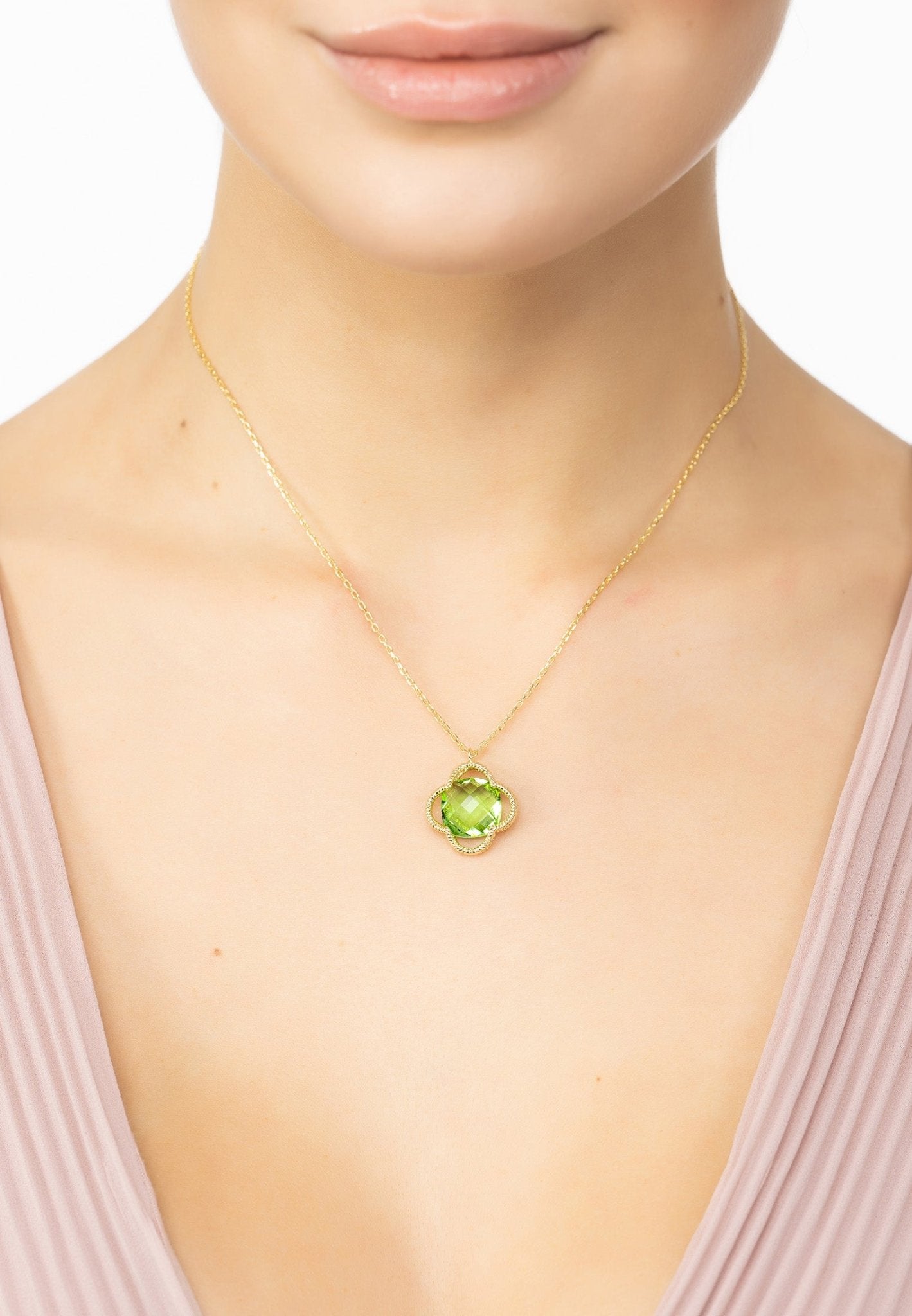 Open Clover Flower Gemstone Necklace Gold Peridot - LATELITA Necklaces