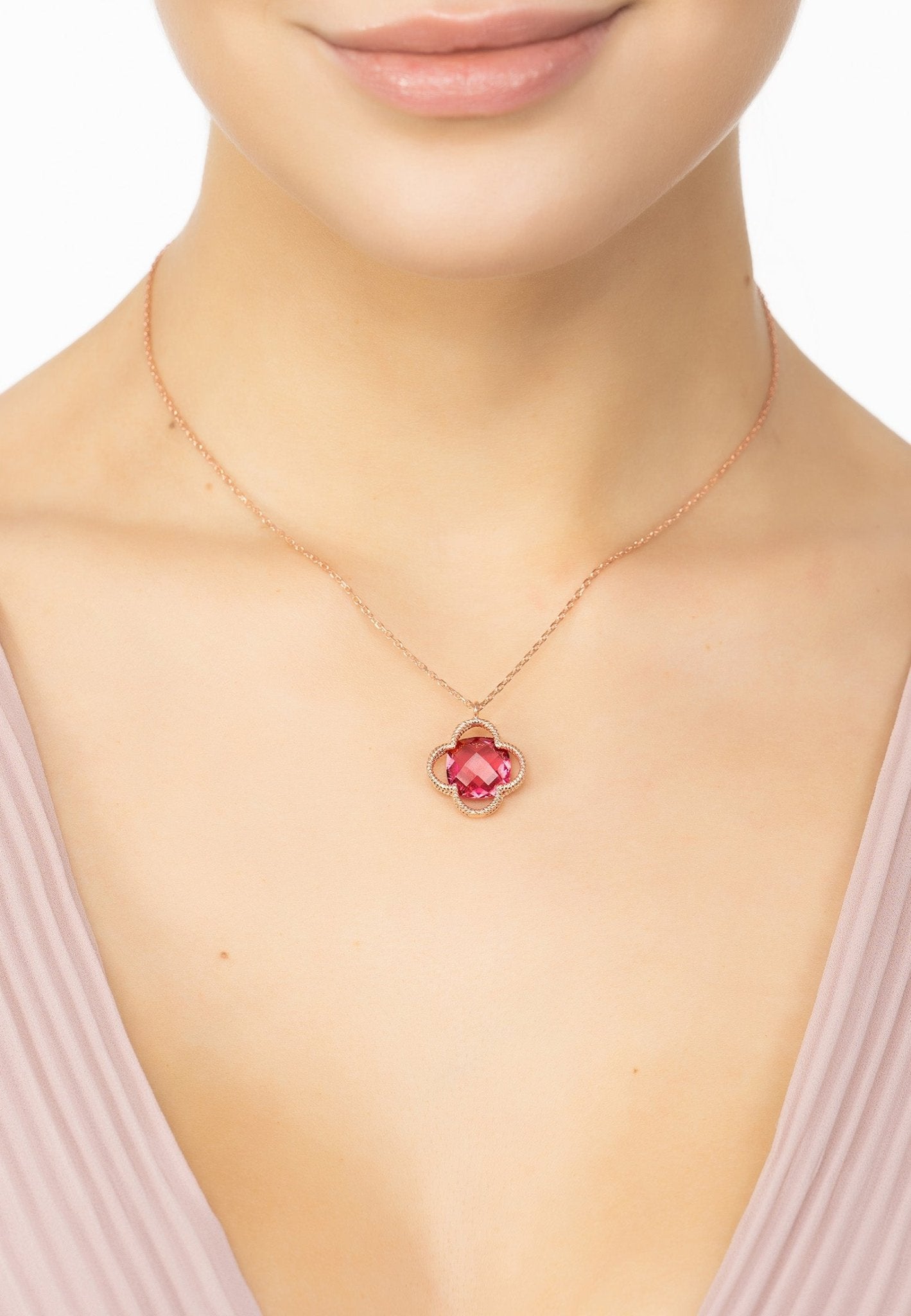 Open Clover Flower Gemstone Necklace Rosegold Pink Tourmaline - LATELITA Necklaces