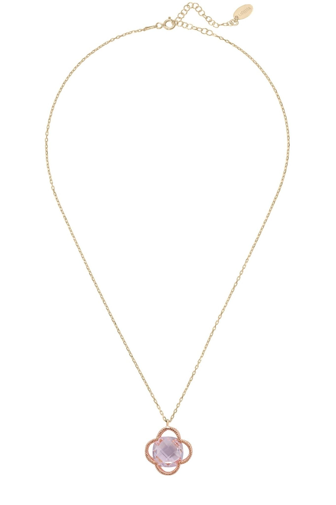 Open Clover Flower Gemstone Necklace Rosegold Rose Quartz - LATELITA Necklaces