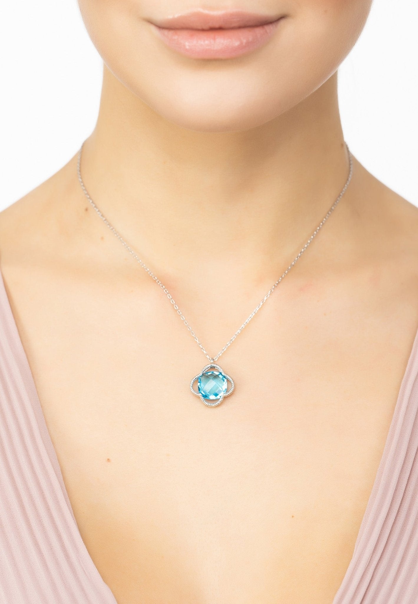 Open Clover Flower Gemstone Necklace Silver Blue Topaz - LATELITA Necklaces