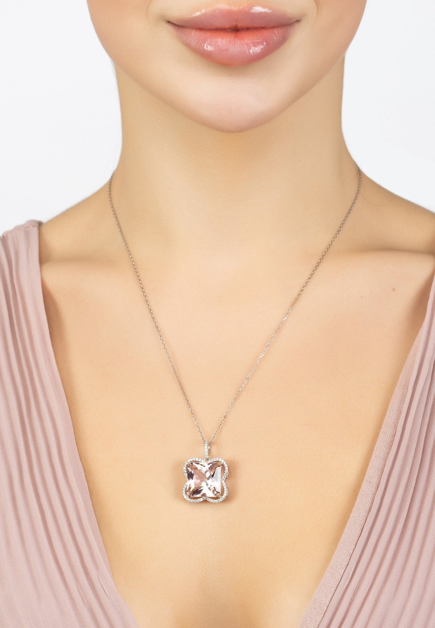 Open Clover Flower Necklace Silver Pink Morganite - LATELITA Necklaces