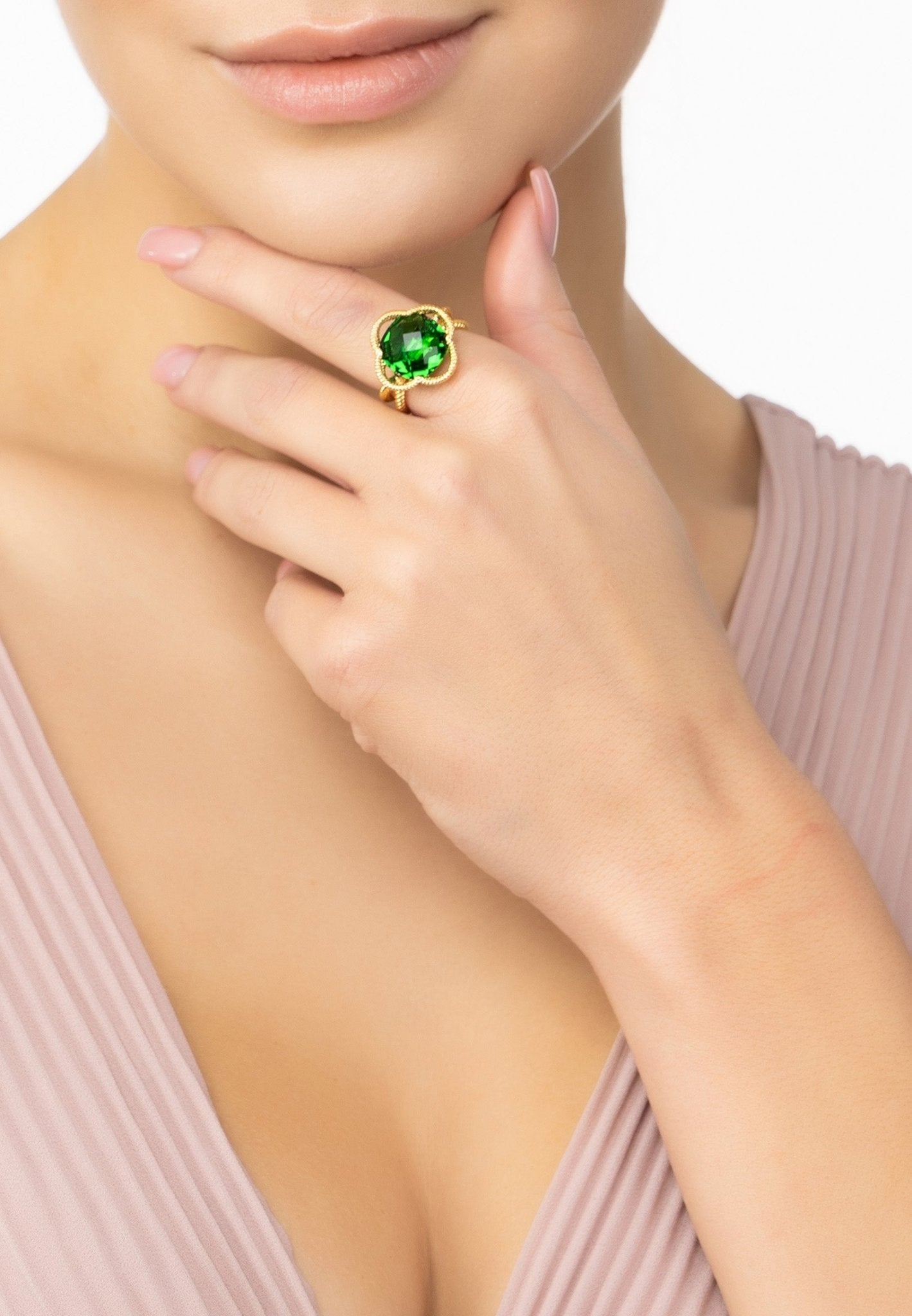 Open Clover Gemstone Cocktail Ring Gold Emerald - LATELITA Rings