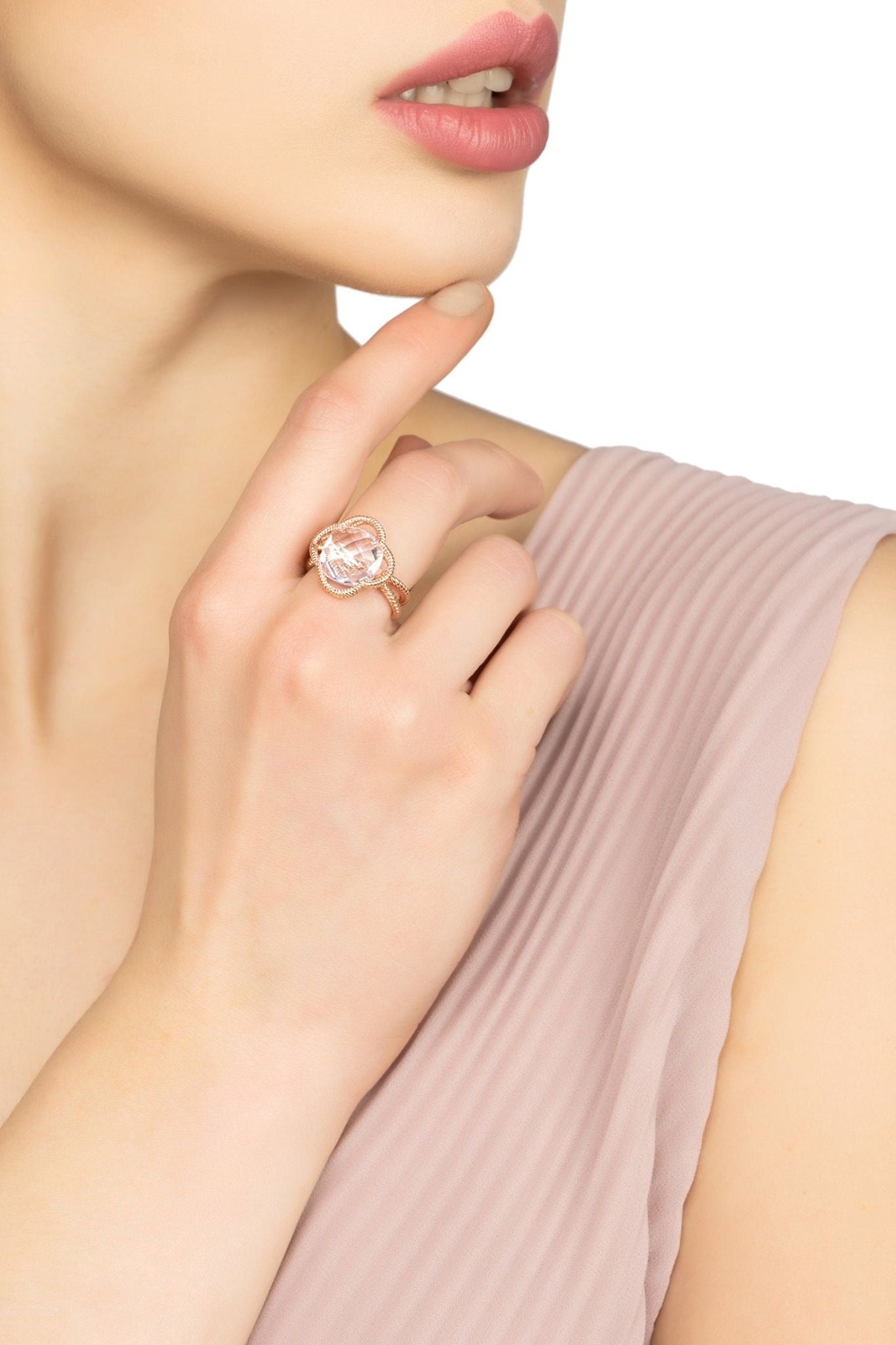 Open Clover Gemstone Cocktail Ring Rosegold Rose Quartz - LATELITA Rings